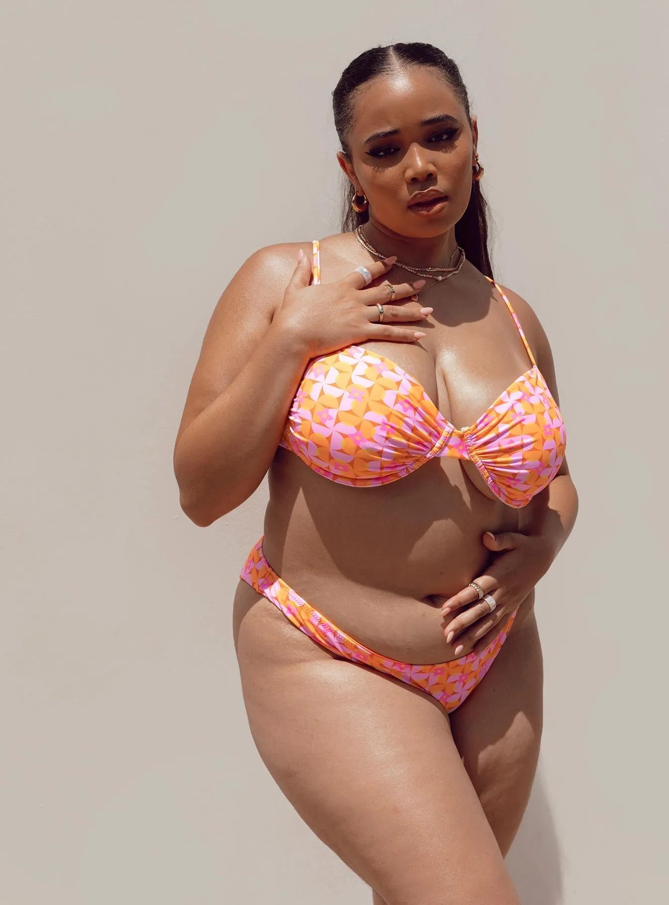 Elastic-Waist Reversible design Ellie Bikini Top Orange / Pink Curve