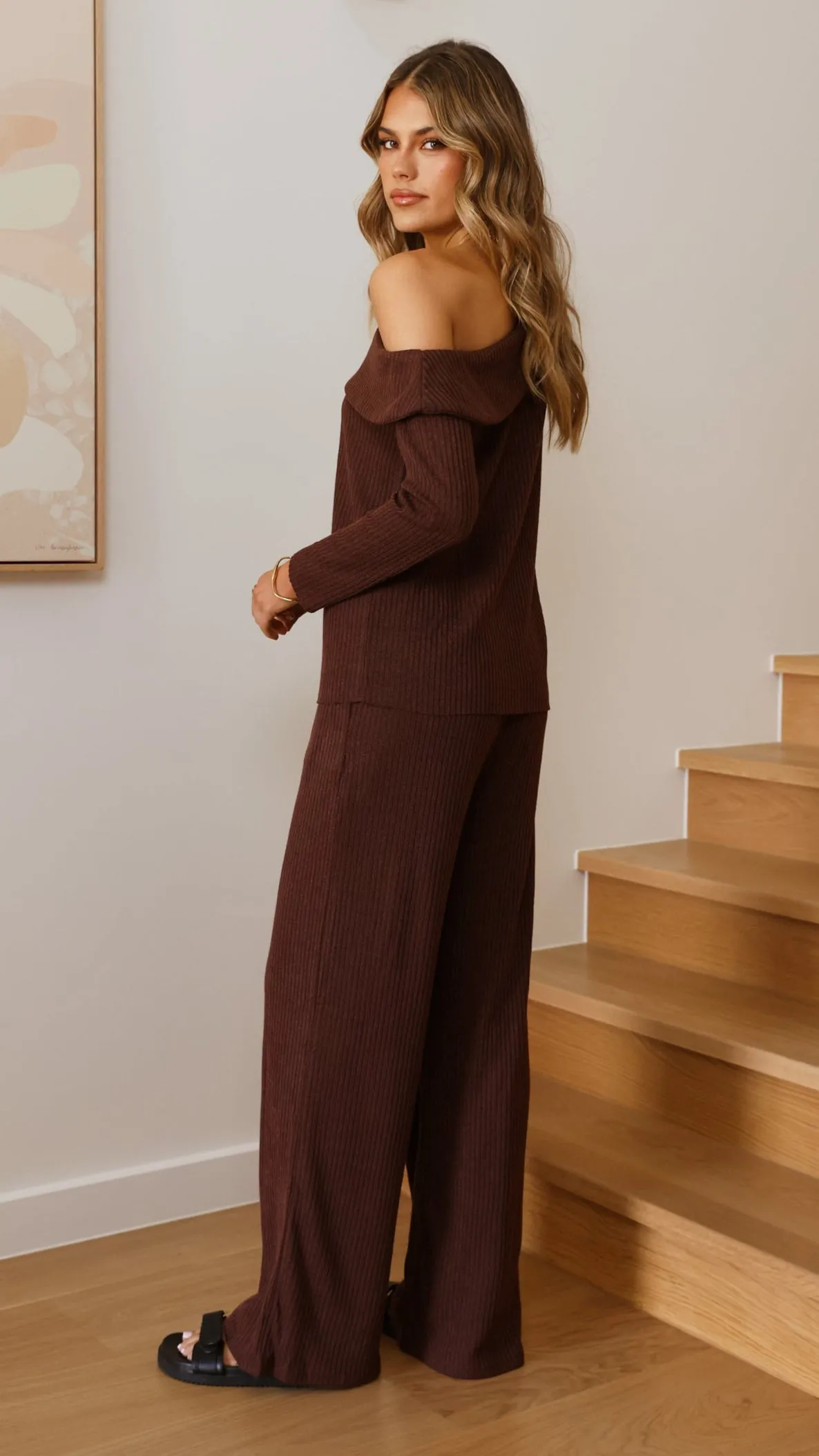 Thermal Air Pocket OdorResistant Finish Harini Off Shoulder Long Sleeve Top and Pants Set - Chocolate