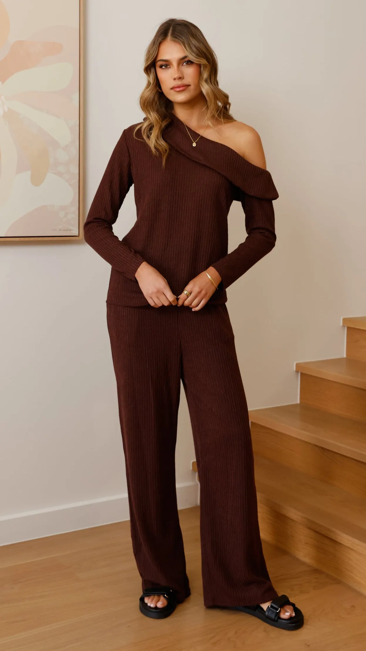 Harini Off Shoulder Long Sleeve Top and Pants Set - Chocolate Flexible Side Gusset Laidback Mood