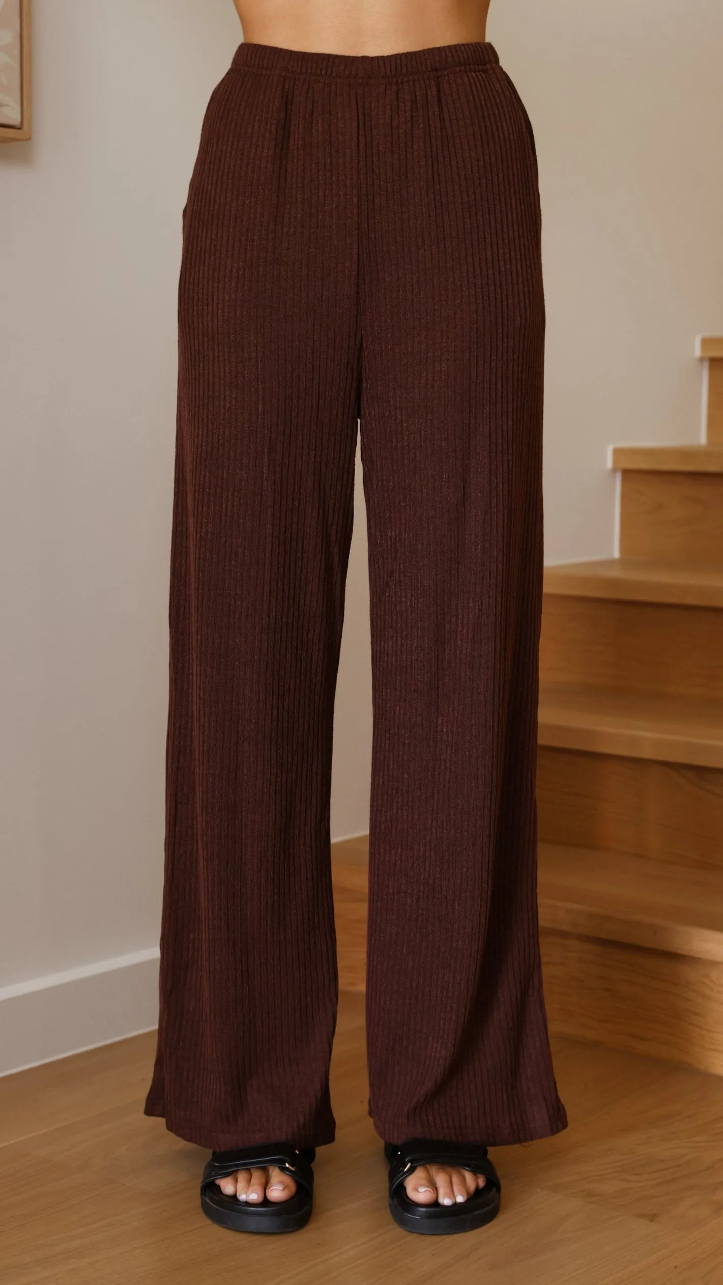 Gentle Tone Brushed Inner Lining Harini Off Shoulder Long Sleeve Top and Pants Set - Chocolate