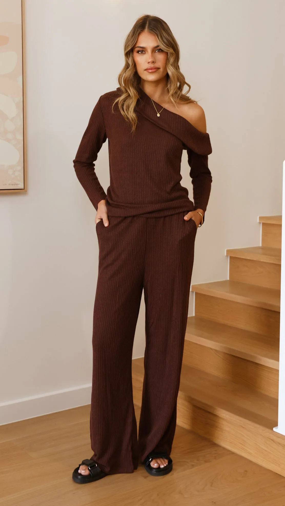 Garment Dye Process Harini Off Shoulder Long Sleeve Top and Pants Set - Chocolate