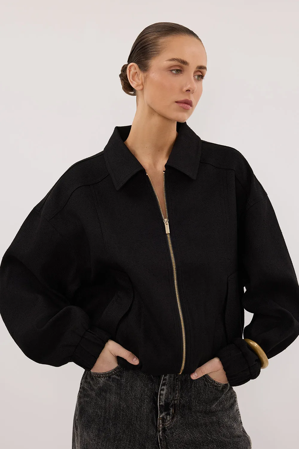 FRANKIE BLACK TWEED BOMBER JACKET Quick Dry Coating Elastic hem