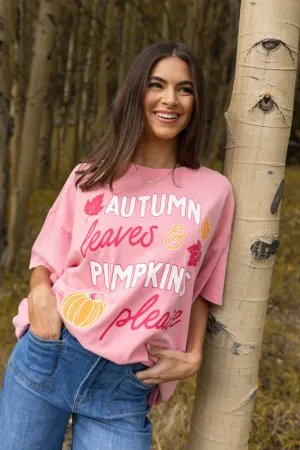 Thermoregulating Fabric Autumn Leaves & Pumpkins Please Taffy Pink Oversized Graphic Tee