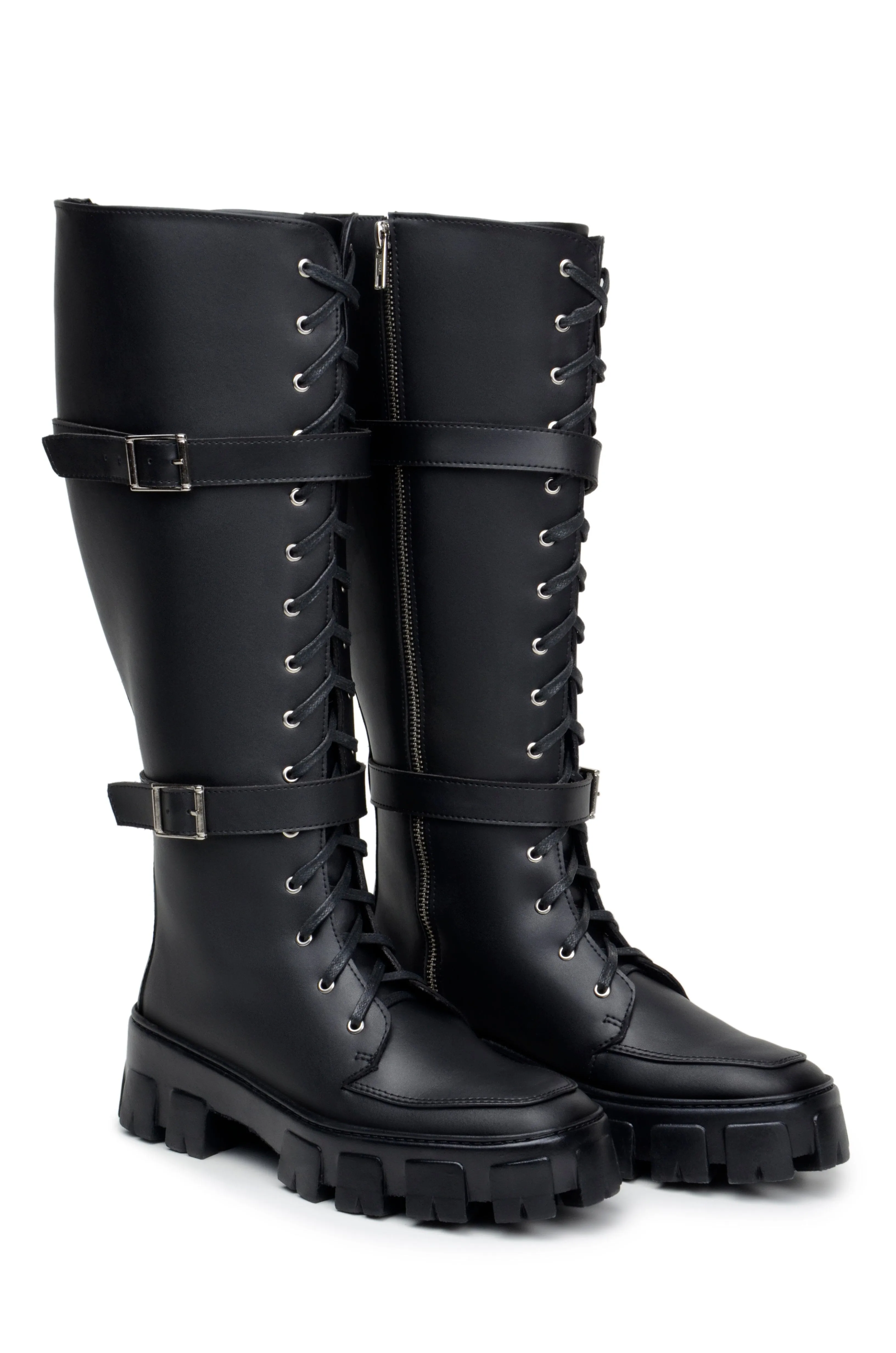 Elastic Goring 'Renata' women's chunky sole vegan lace-up knee-high boots Zette Shoes - black