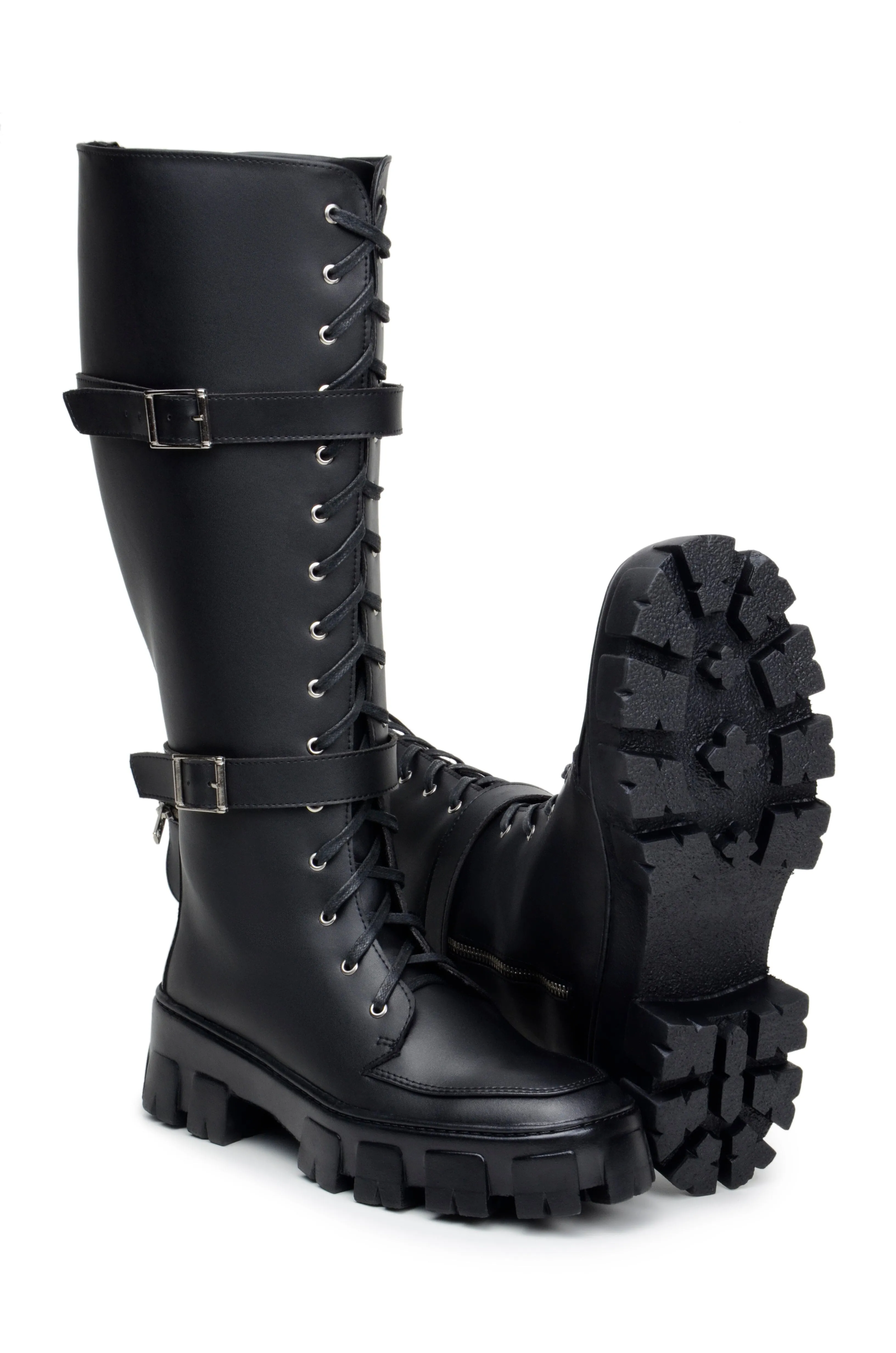 Functional Design 'Renata' women's chunky sole vegan lace-up knee-high boots Zette Shoes - black