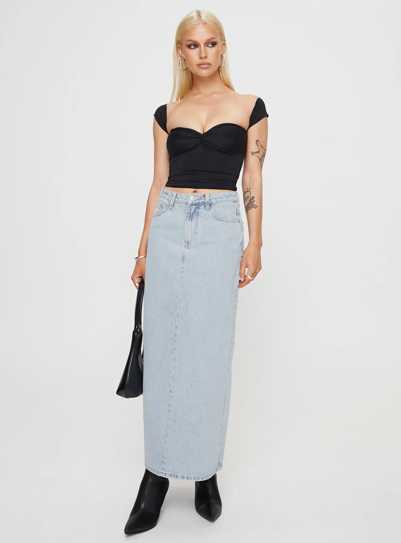 Whessler Split Back Denim Midi Skirt Light Wash Quick Dry Technology Chill Vibe