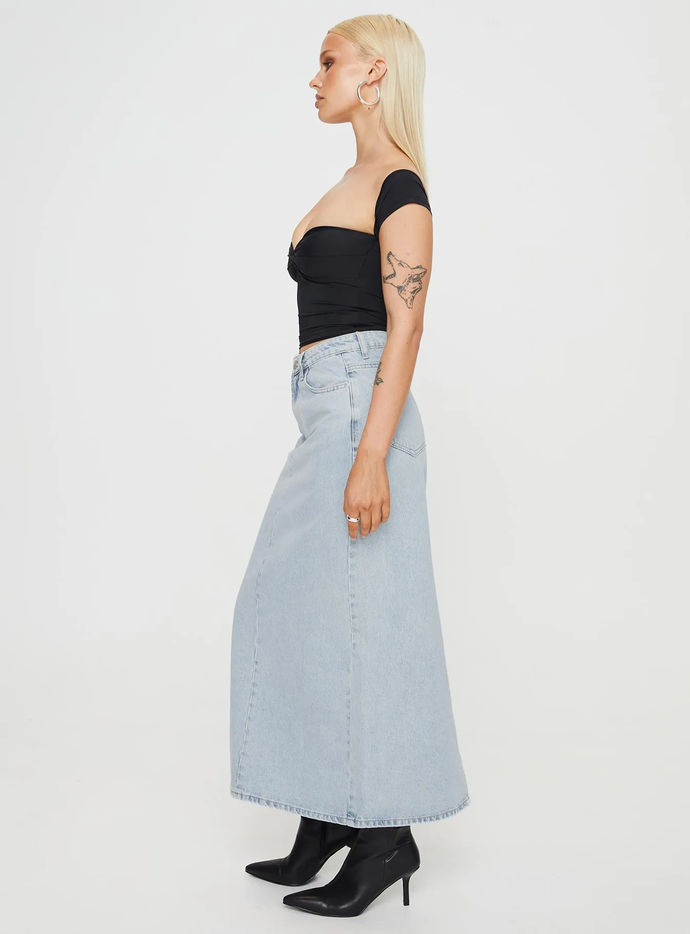 Tiered Layers Whessler Split Back Denim Midi Skirt Light Wash
