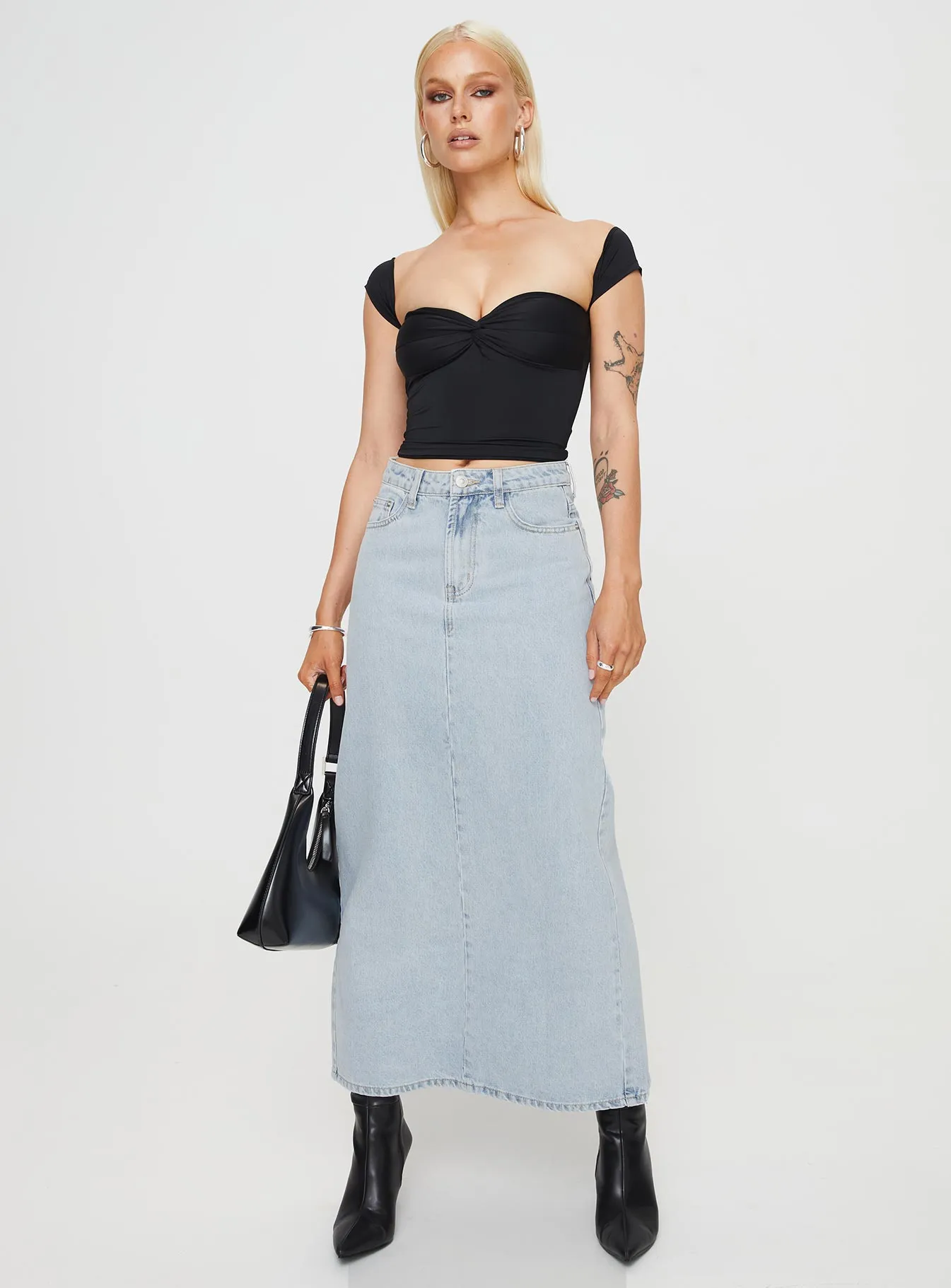 Whessler Split Back Denim Midi Skirt Light Wash Tear Resistant