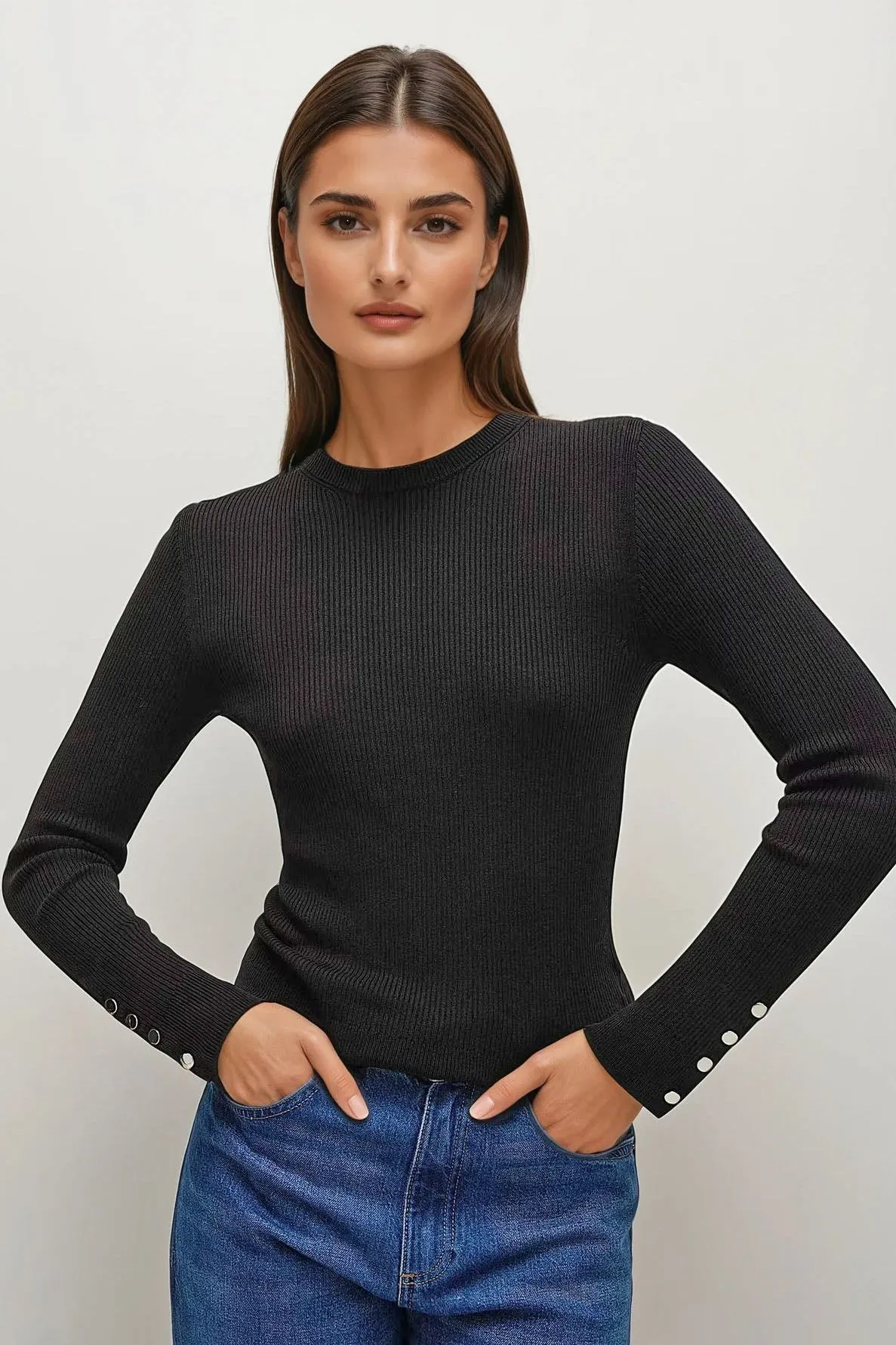 Ribbed Button Detail Crew Neck Jumper Minimal Vibe
