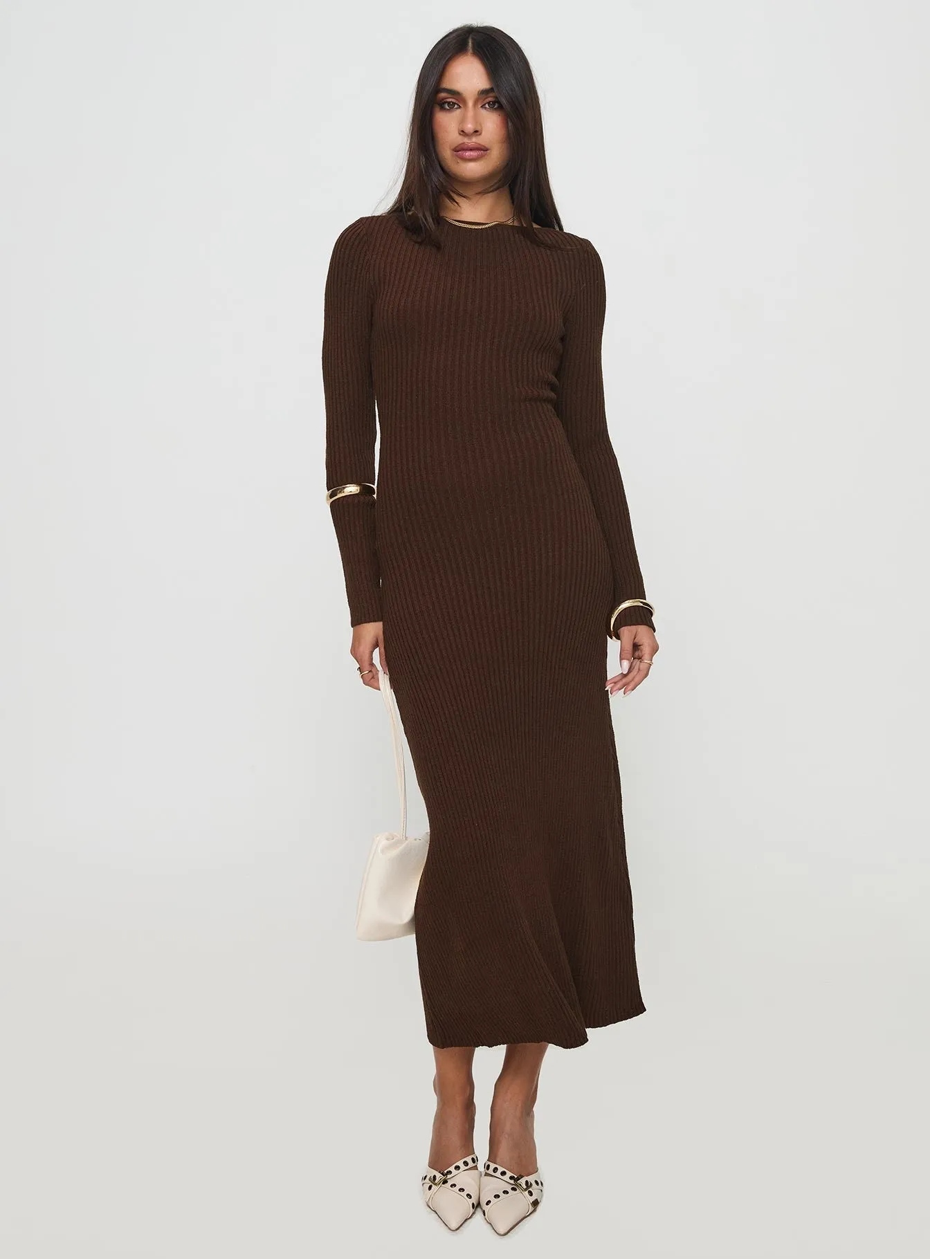 Urban Light Feminine Structure Osment Long Sleeve Knit Maxi Dress Chocolate