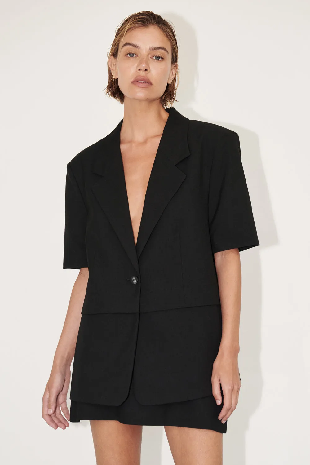Relaxed Daily Style Reinforced Seam Construction RITA BLACK SHORT SLEEVE BLAZER
