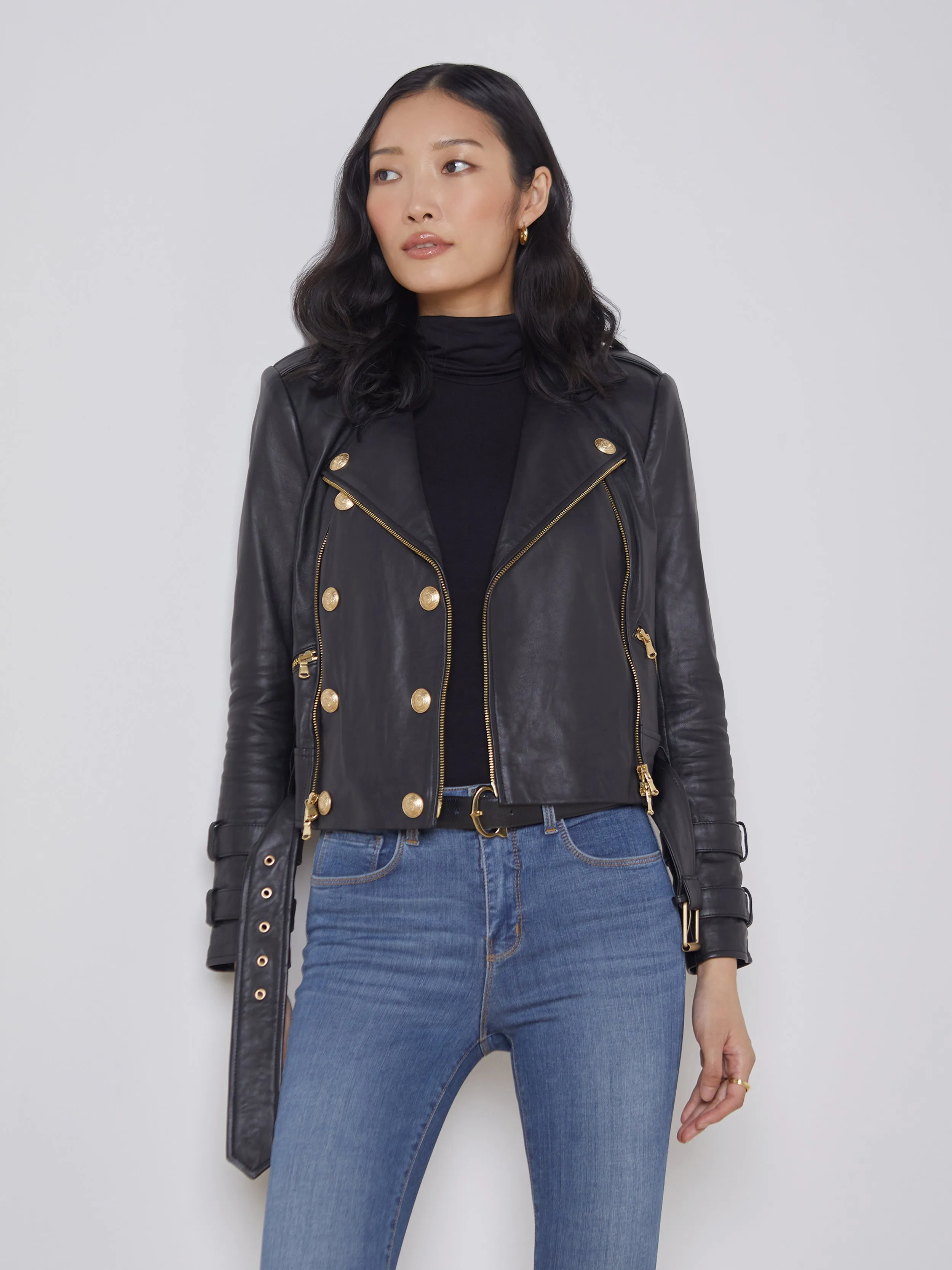 Billie Belted Leather Jacket Moisture Wicking Finish