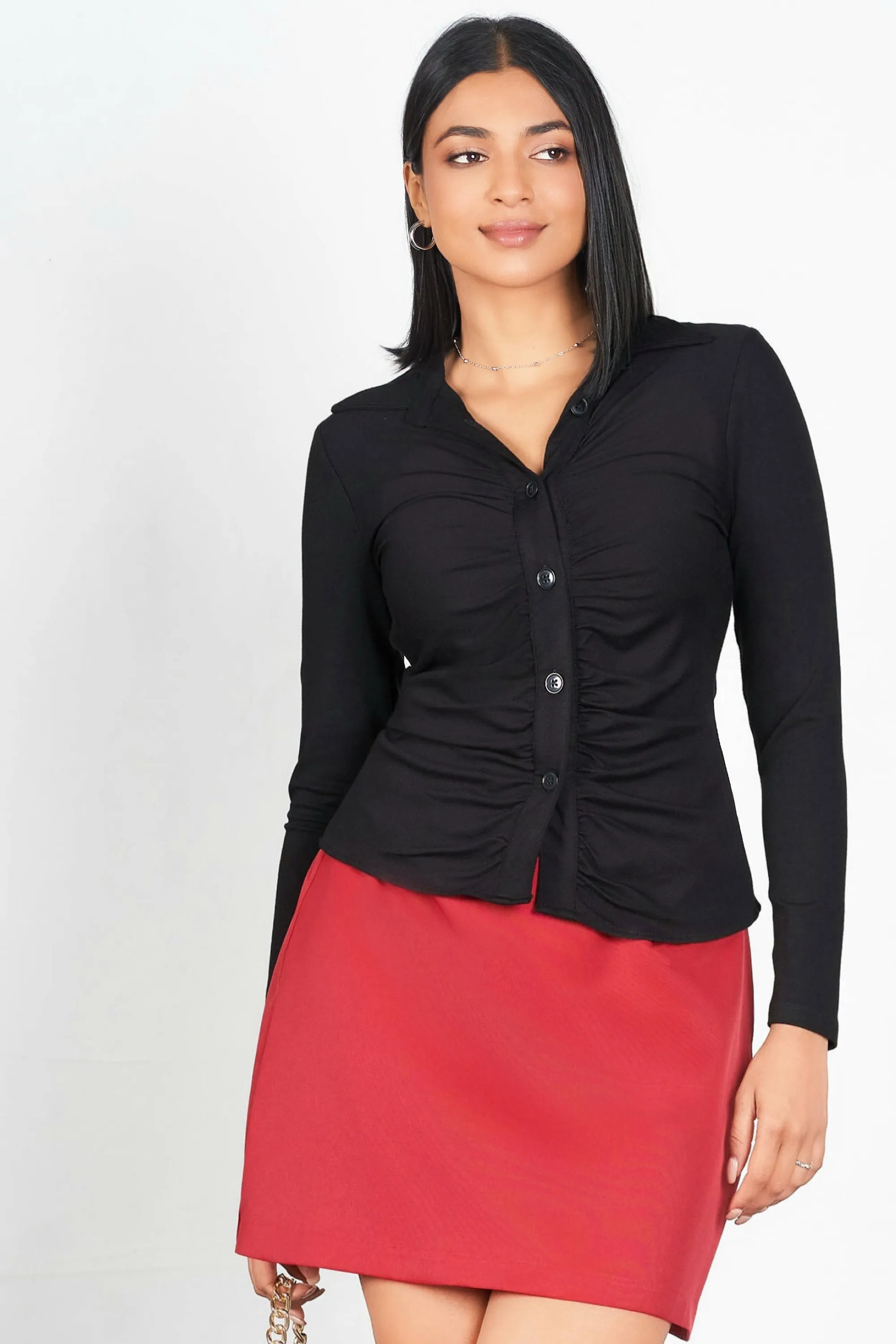 Sporty Vibe Stretch Waist Ruched Button Up T-Shirt