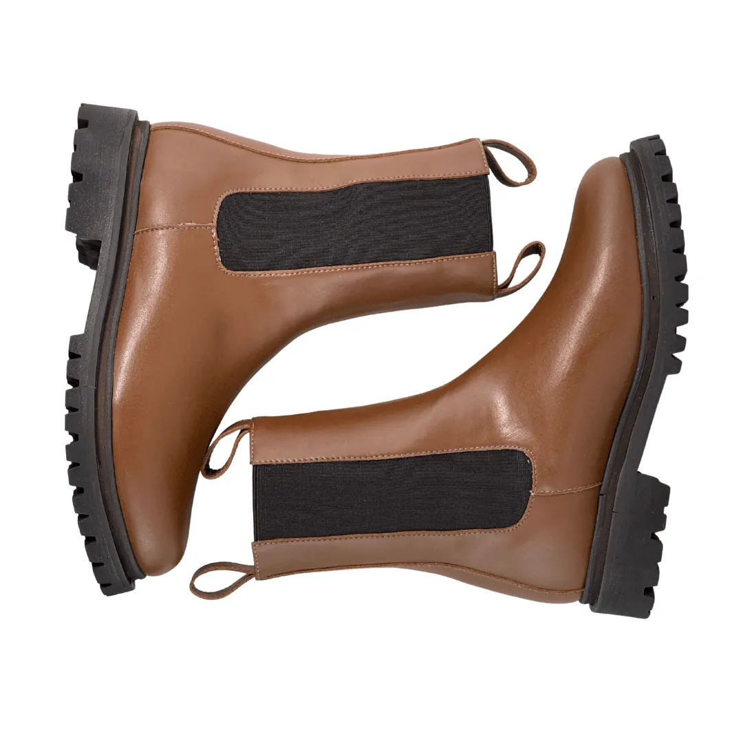 'Chloe' cognac vegan-leather chelsea boot with chunky sole by Zette Shoes Cushioned Step Urban Commute Seamless Style