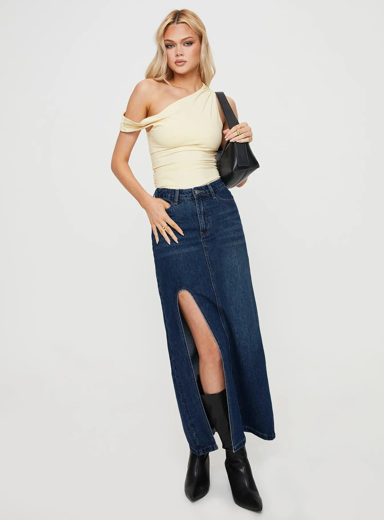 Low Rise Pastel tone Saige Denim Maxi Skirt Mid Wash