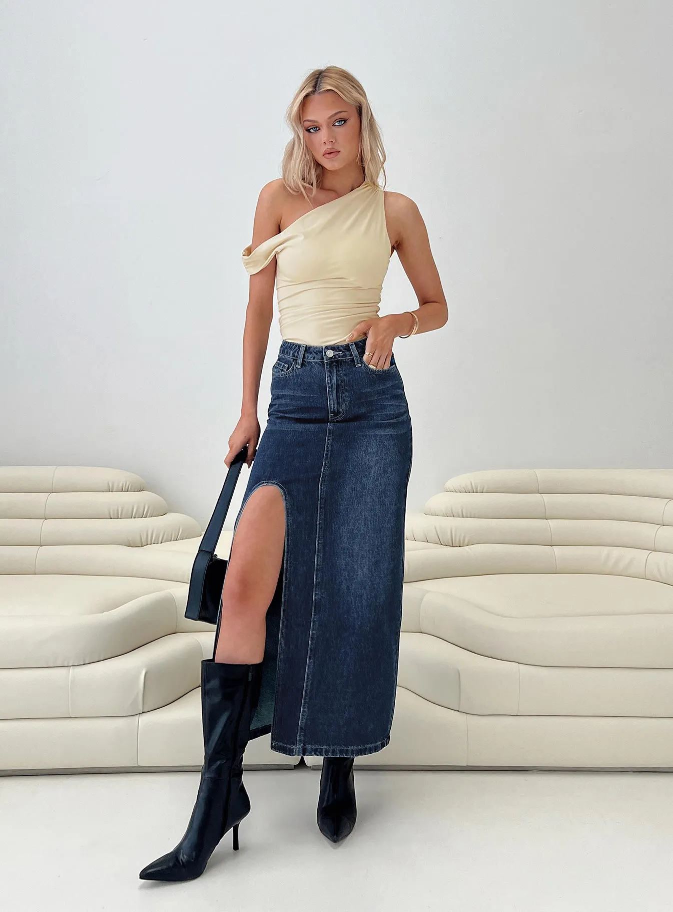 Saige Denim Maxi Skirt Mid Wash Stretch Material Celebrity Style
