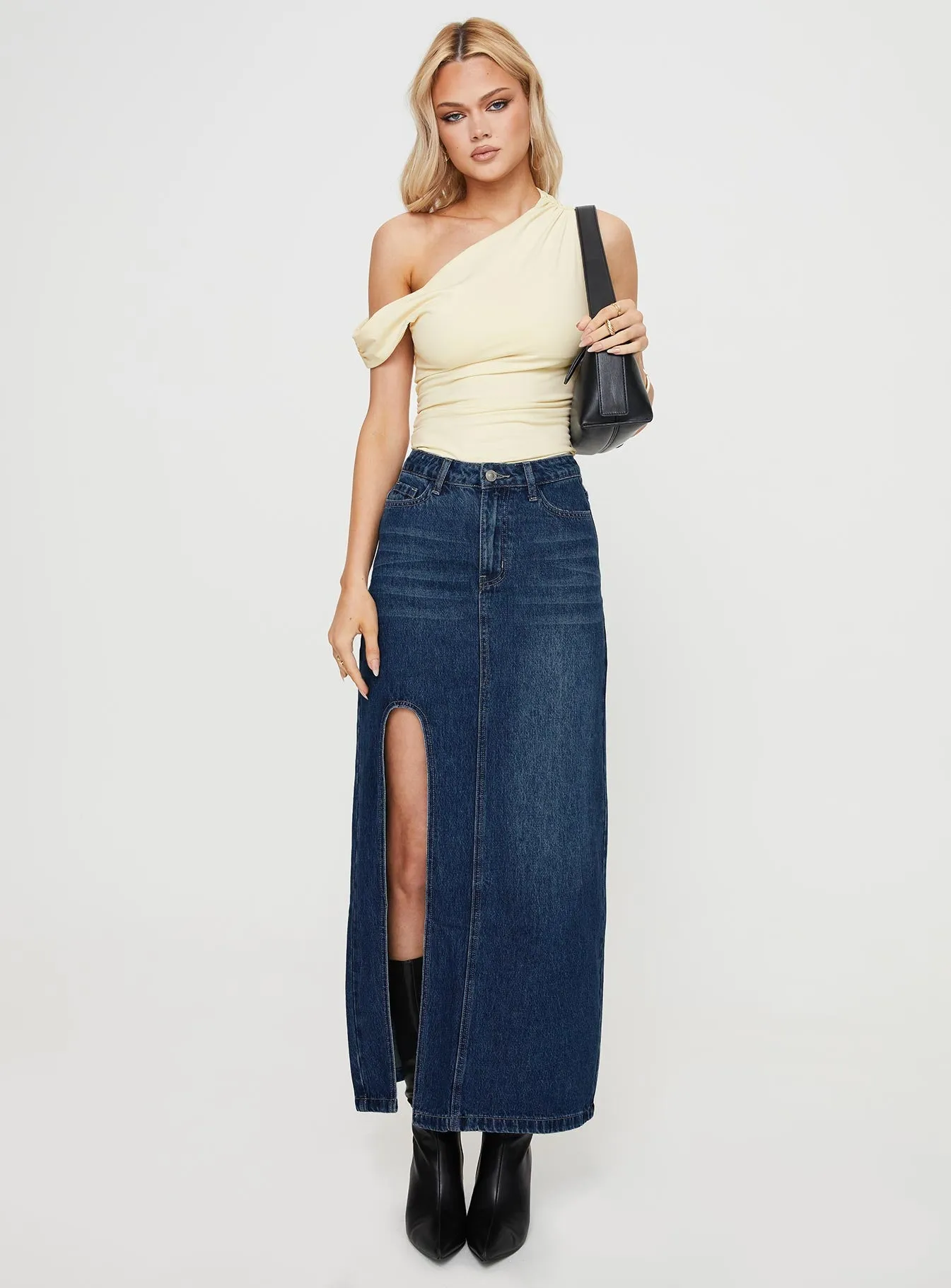 Saige Denim Maxi Skirt Mid Wash Invisible Seams