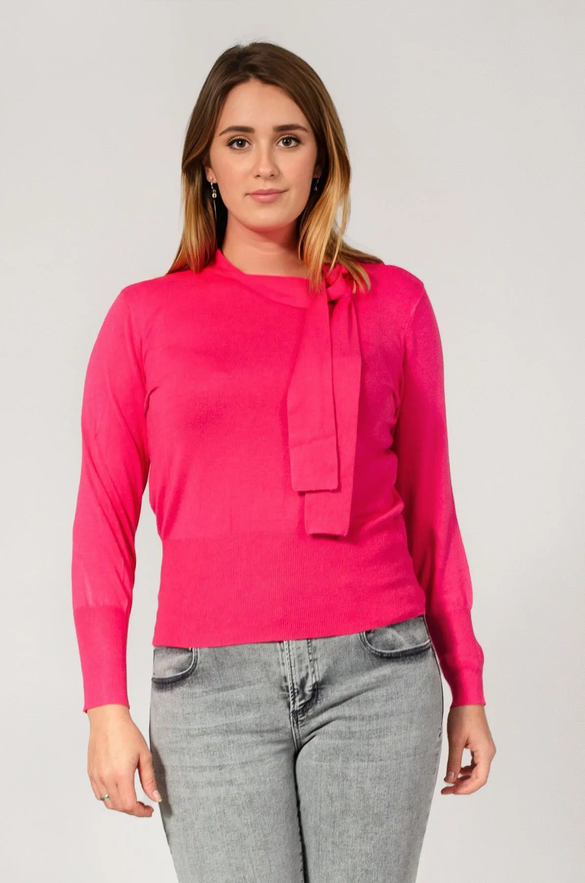 Sash Neck Fine Knit Jumper Garment Washed