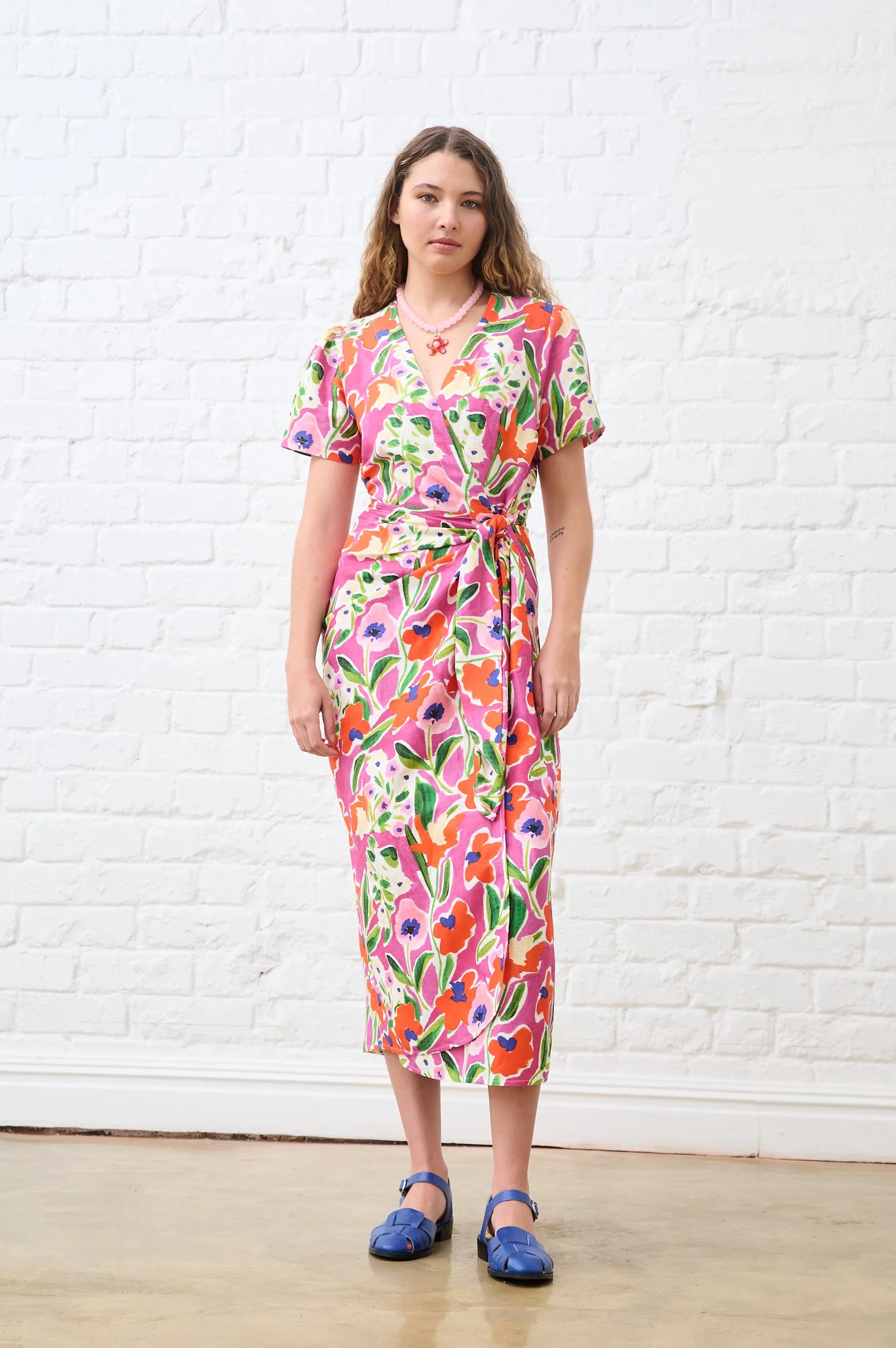 Smart Layering Linen Wrap Dress in Watercolour Floral