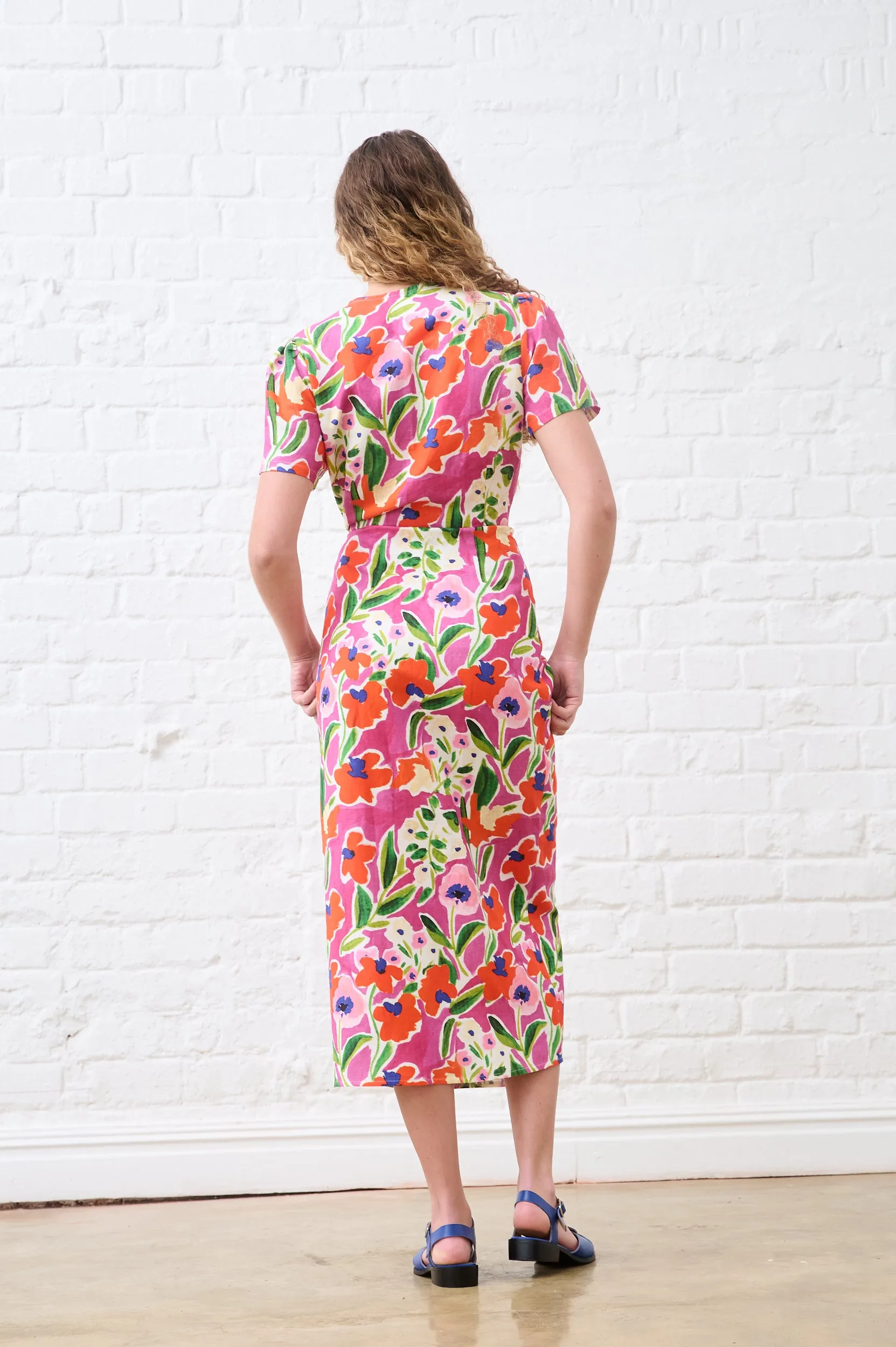 Lounge Texture Linen Wrap Dress in Watercolour Floral