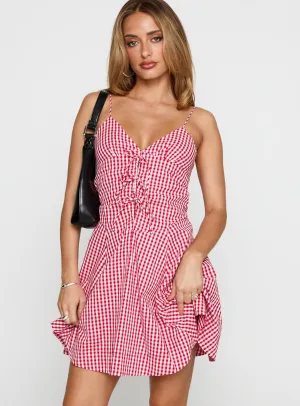 Day Chic Comfortable and breathable Hold Her Ruched Mini Dress Red Gingham
