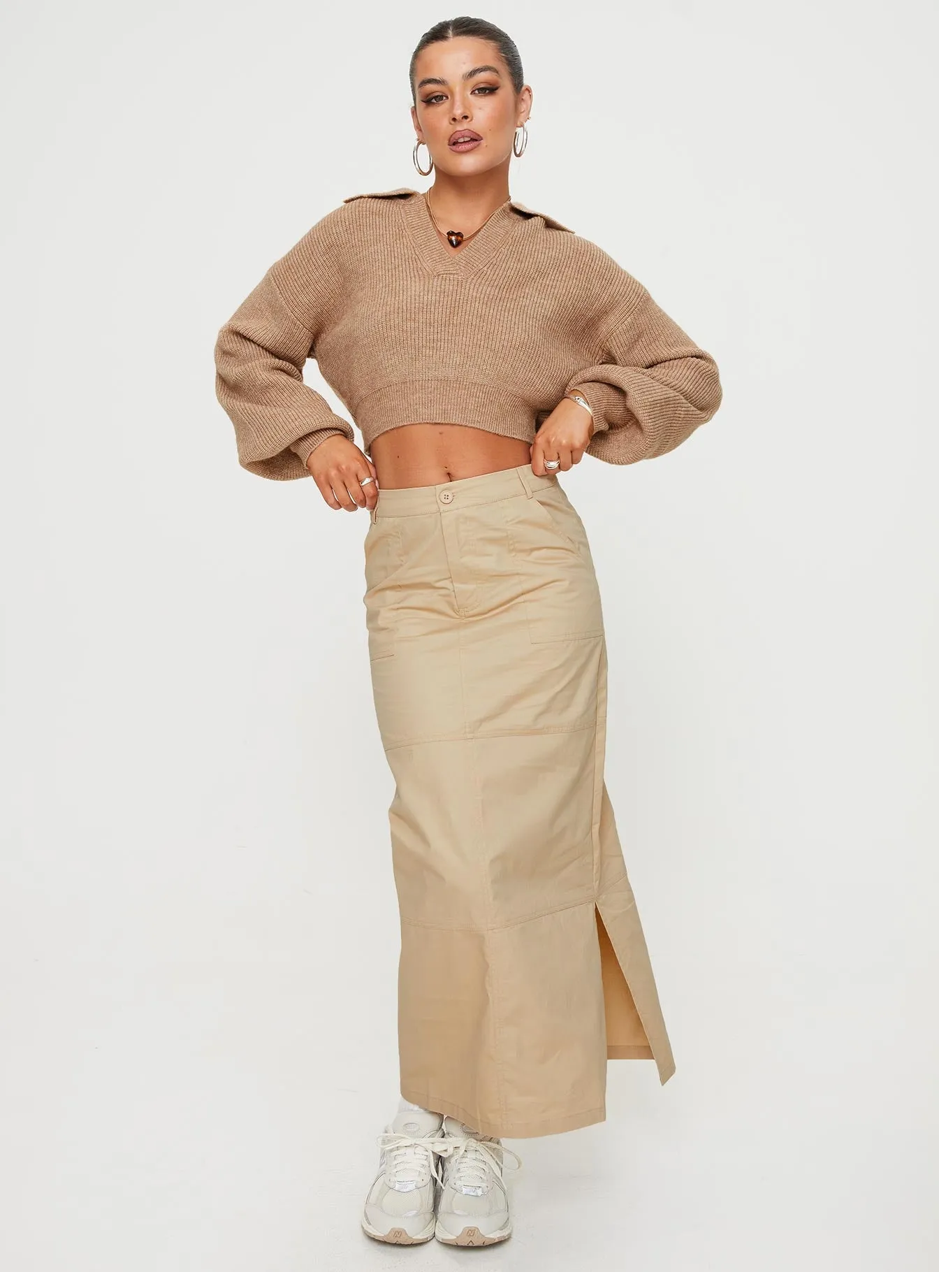 Stretch Comfort Devine Cargo Maxi Skirt Stone