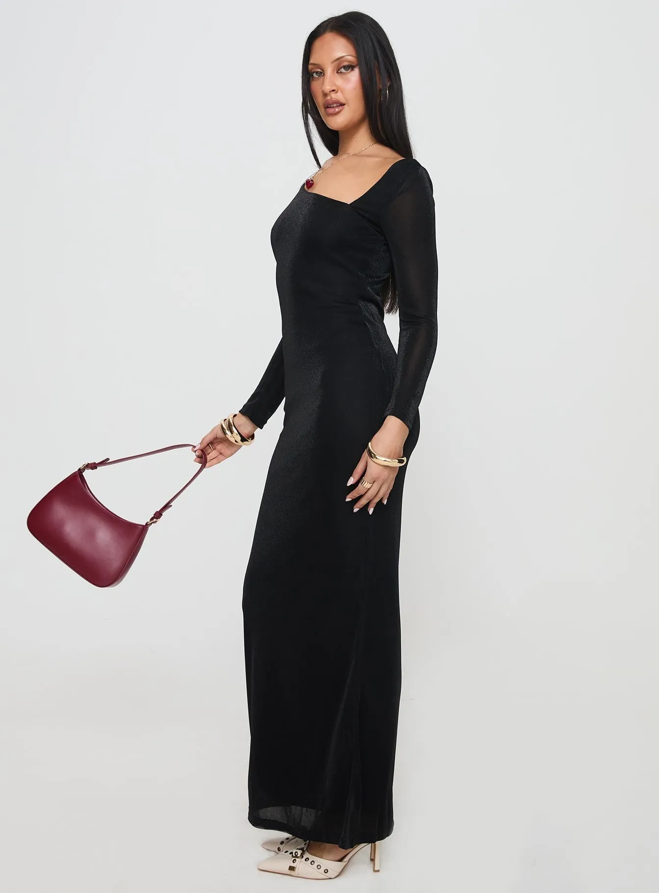 Modern Twist Flowing Texture Sedani Long Sleeve Maxi Dress Black