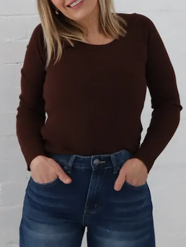 Selma Knit Top - Chocolate Classic Layer Wear Stretchable Collar Band