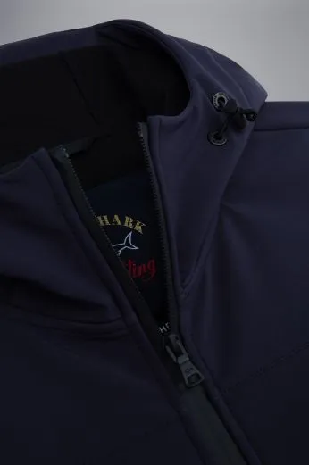 ID80343-Paul and Shark Navy Softshell Jacket Flexible Shoulder Gussets Minimal Travel Look