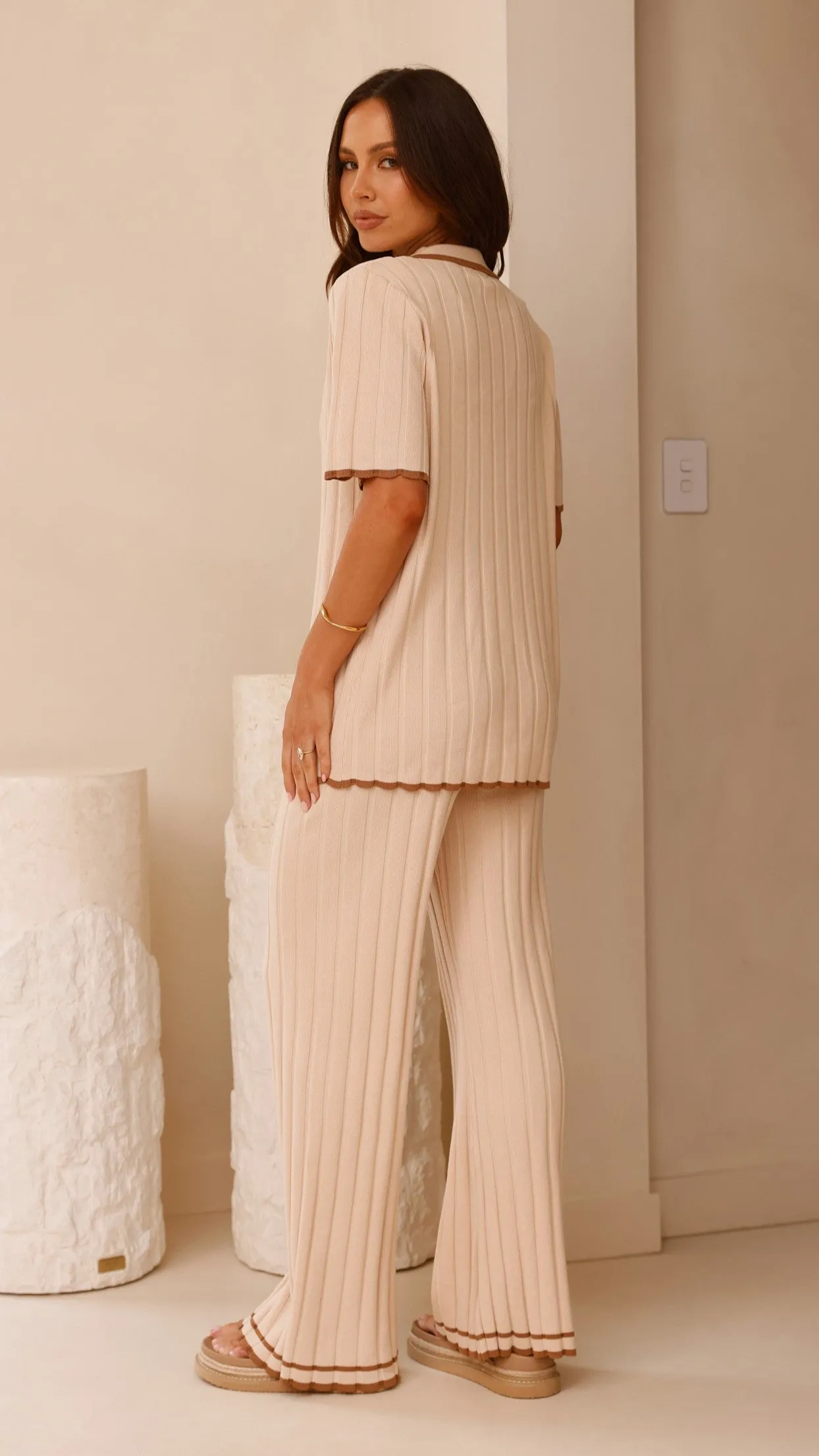 YarnDyed Stripes Shaylie Wide Leg Pants - Beige