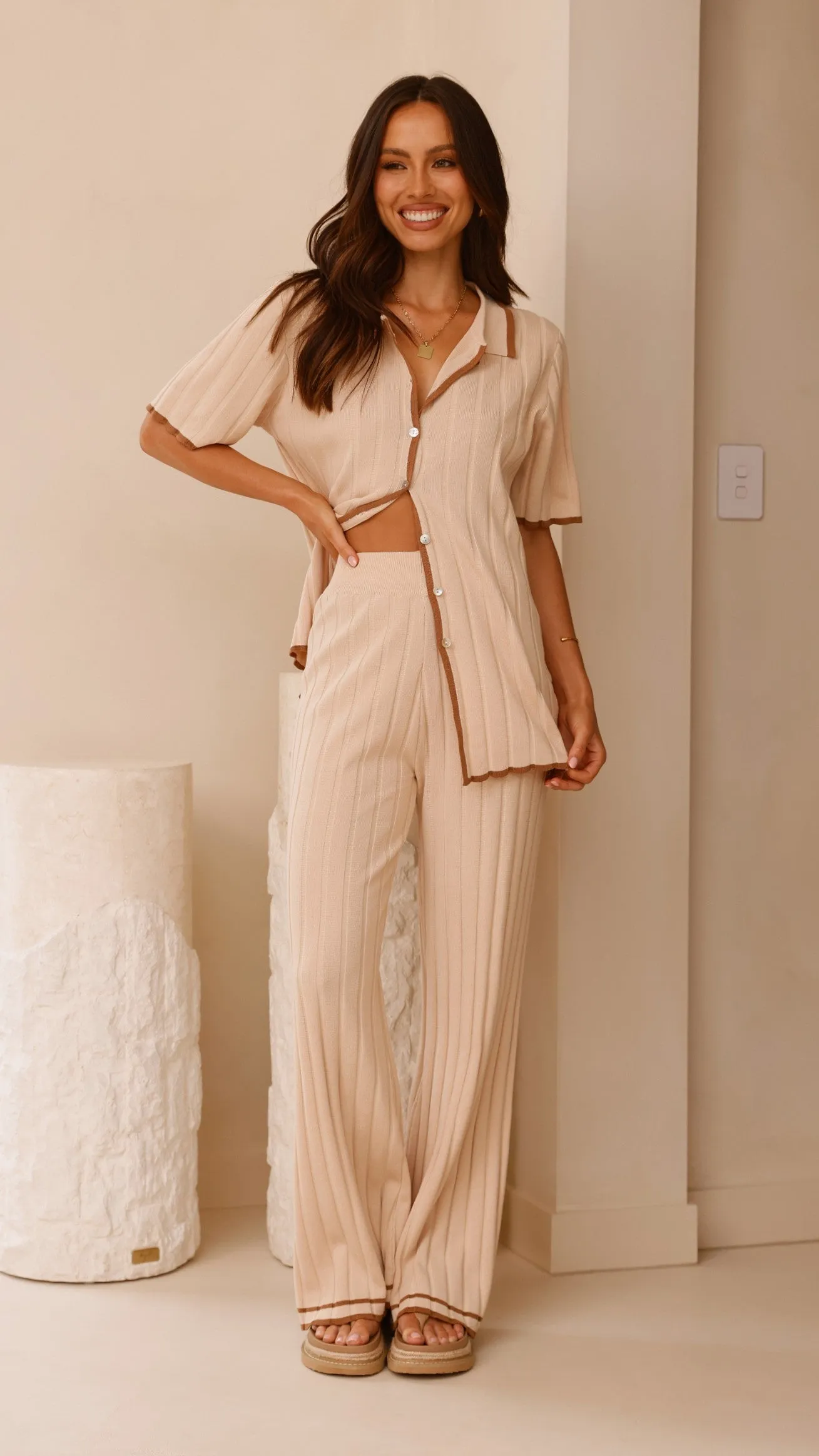 Shaylie Wide Leg Pants - Beige Layered Look