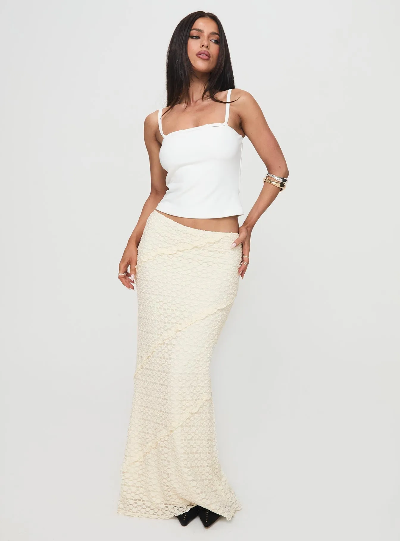 Contoured Waist Incandescent Maxi Skirt Cream