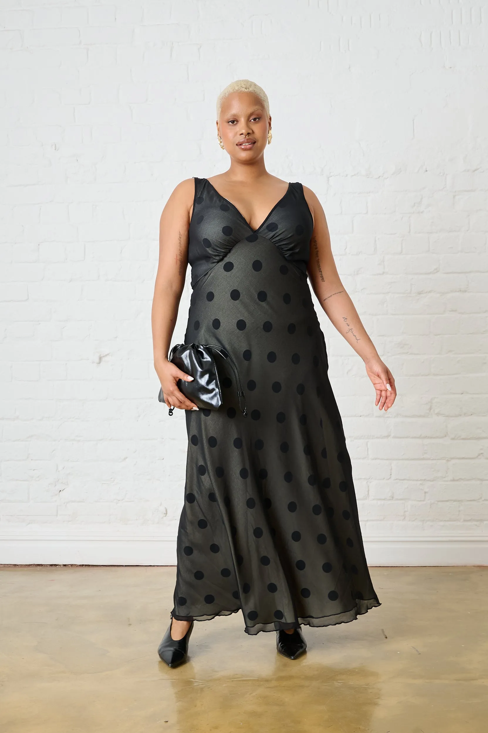 Sheer Overlay Spot Bias Maxi Dress Sleek Presence Smile Glow