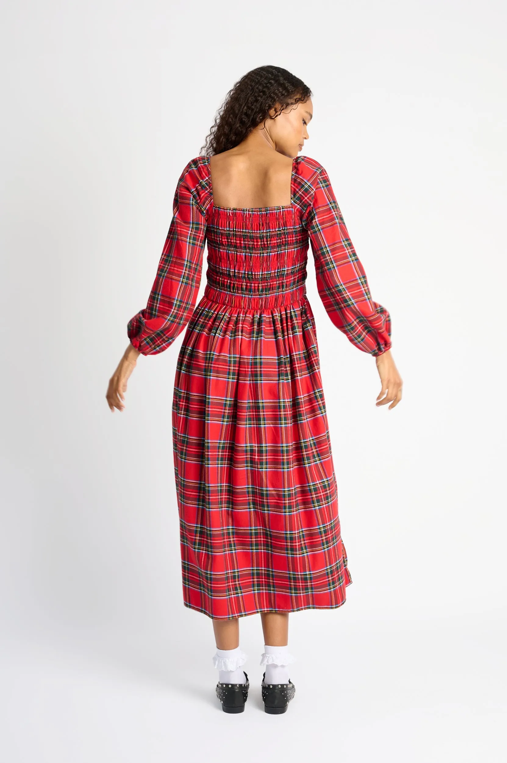 Travel Essential Neutral Base Shirring Dress in Red Tartan