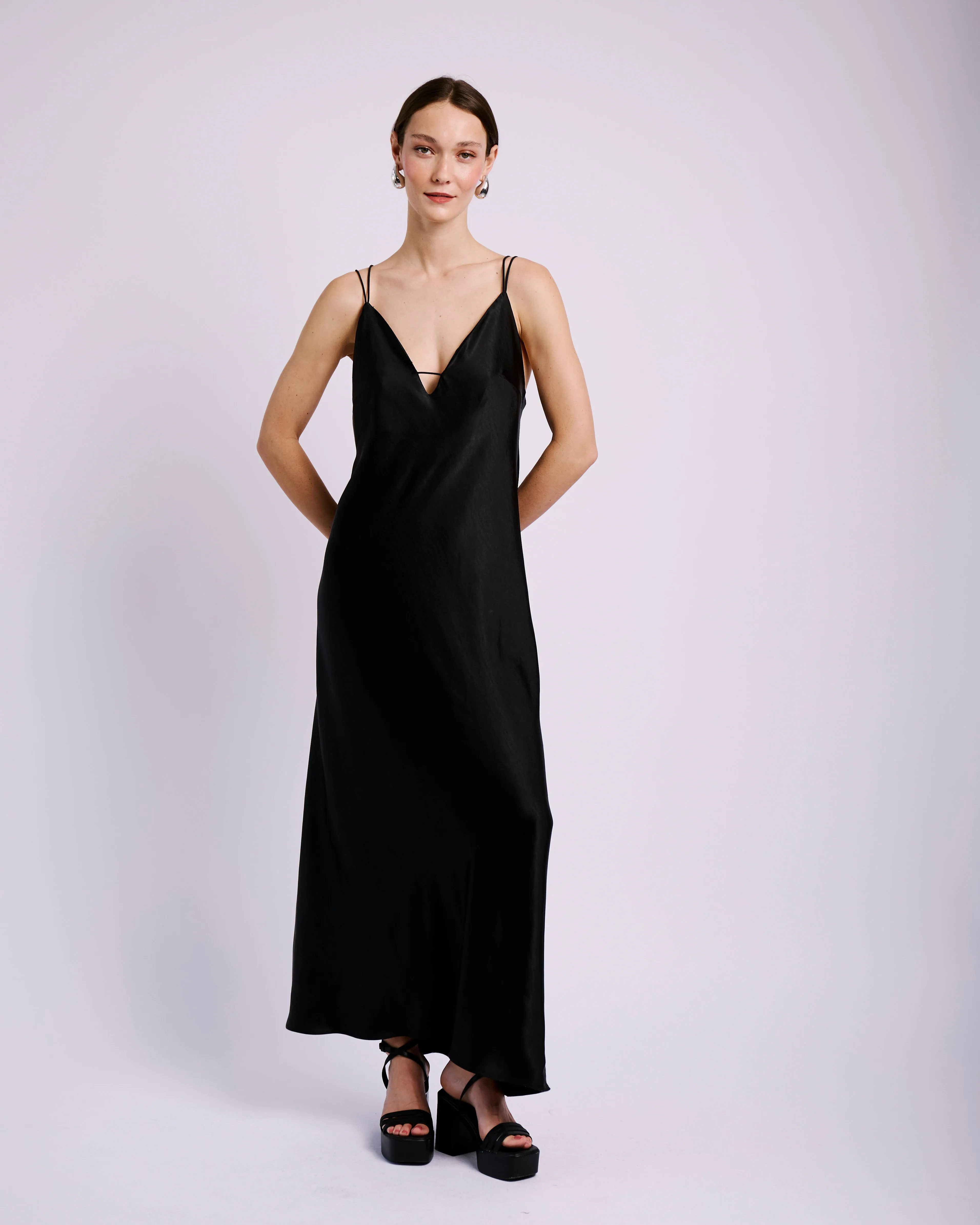 Modern Twist Smooth Layering Shock Cord Slip Dress  in Black