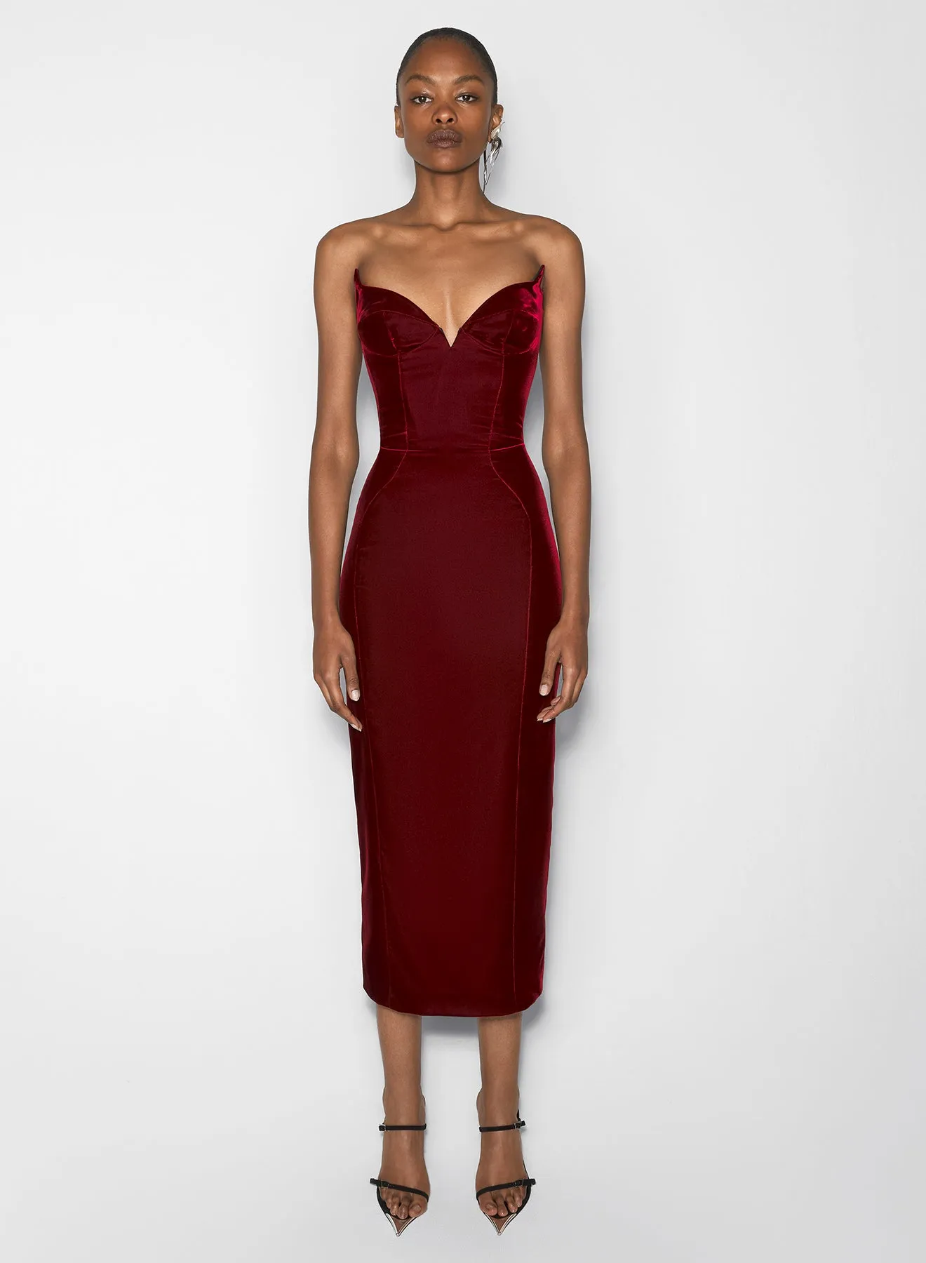 burgundy signature strapless velvet gown Celebration Wear