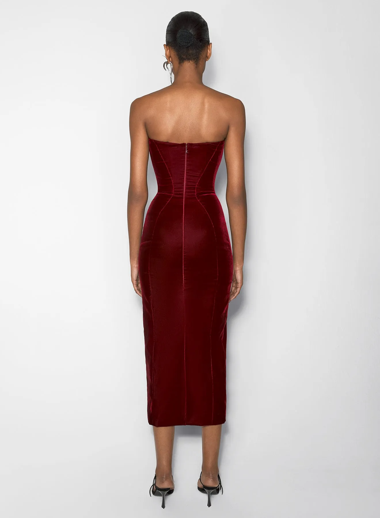 burgundy signature strapless velvet gown Daily Style Metallic-Shine