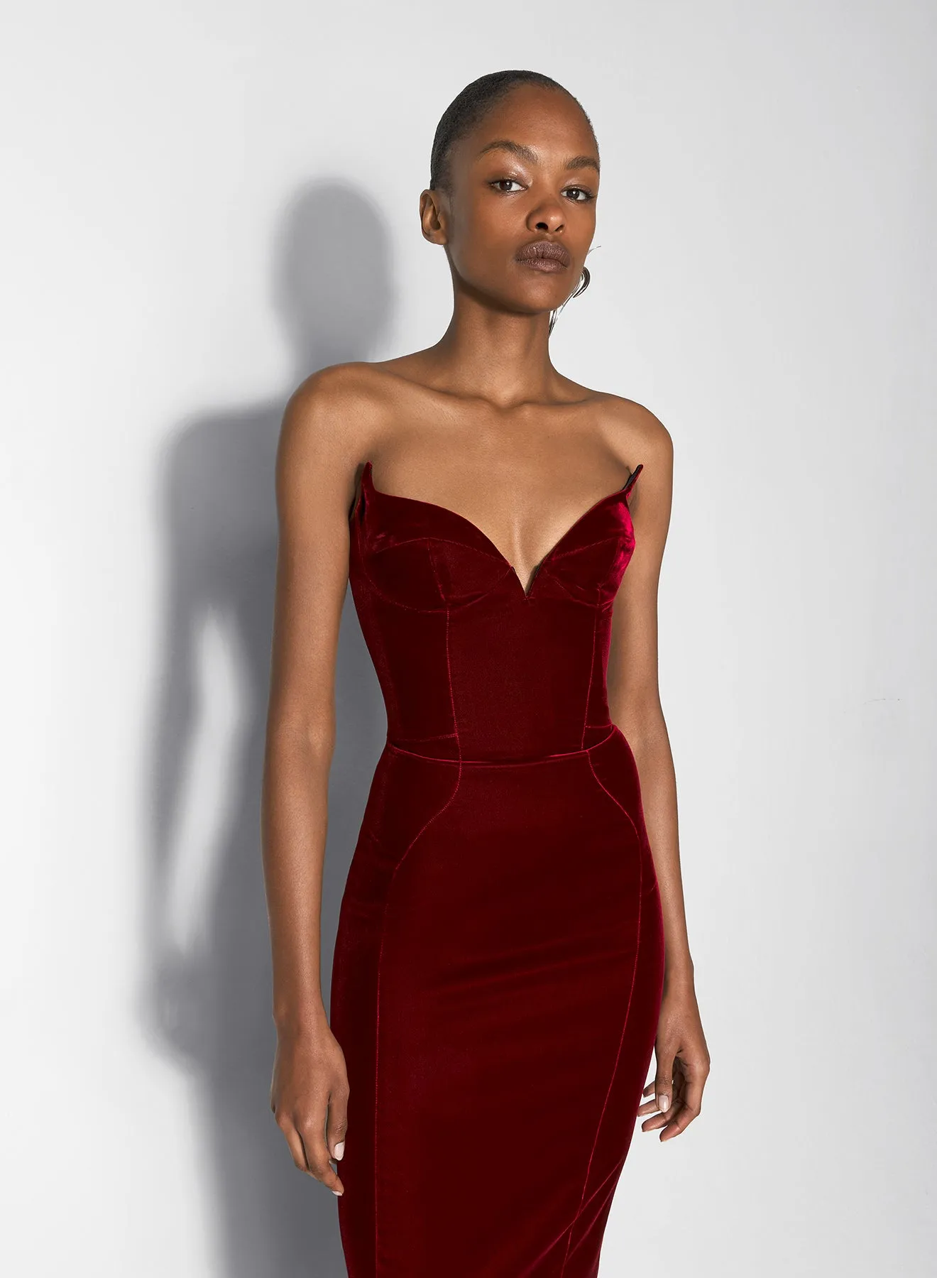 Buckle-Detail Travel Staple burgundy signature strapless velvet gown