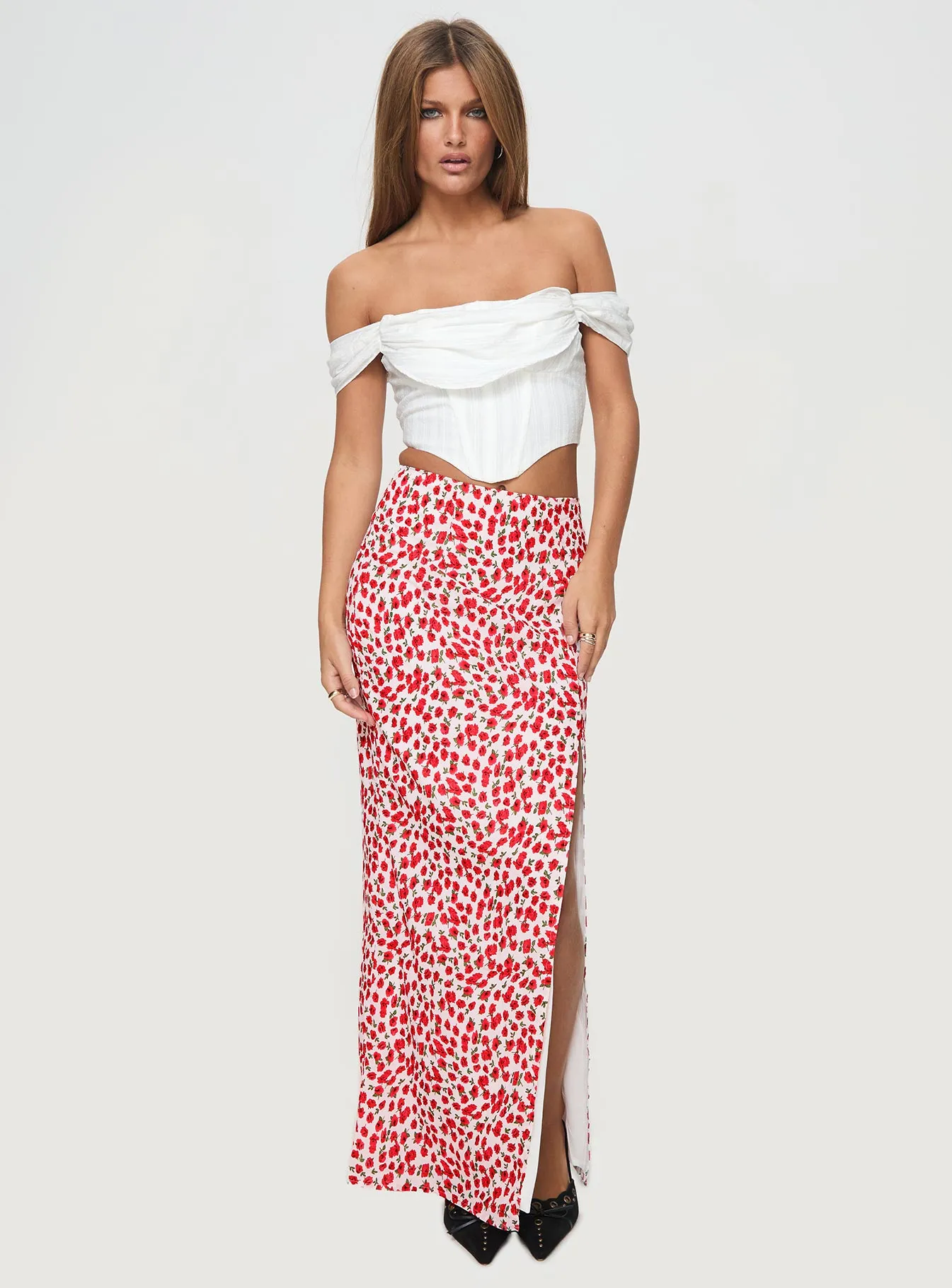 Roll Up Hem Octalie Maxi Skirt Red Floral