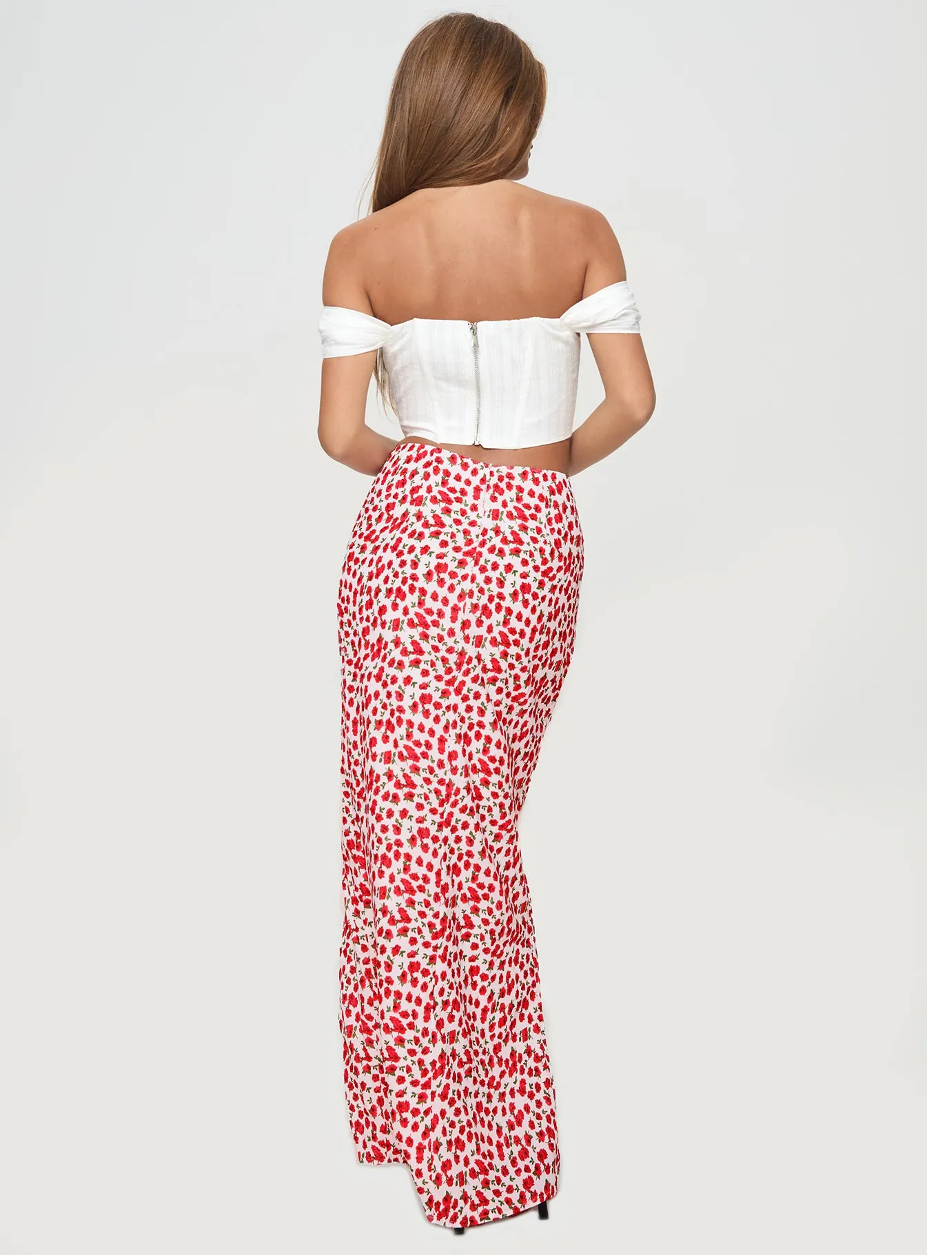 tech fabric Gather Details Octalie Maxi Skirt Red Floral