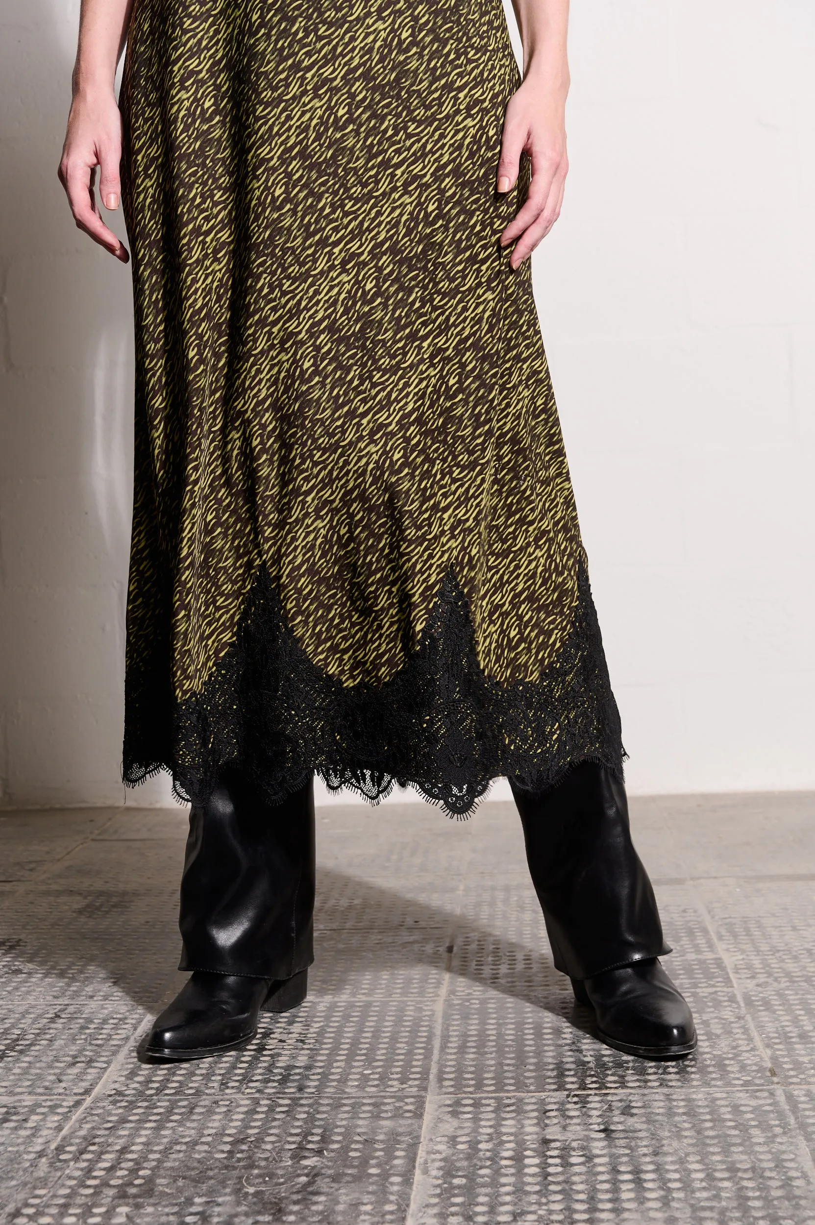 Artisanal-Detail Bias Slip Dress in Lime Spittle