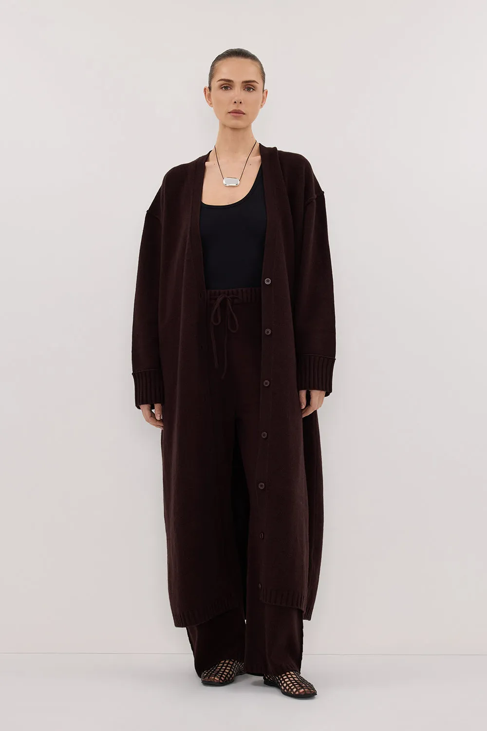 PAIGE CHOC LONGLINE WOOL KNIT COAT Low Profile Collar Go To Layer