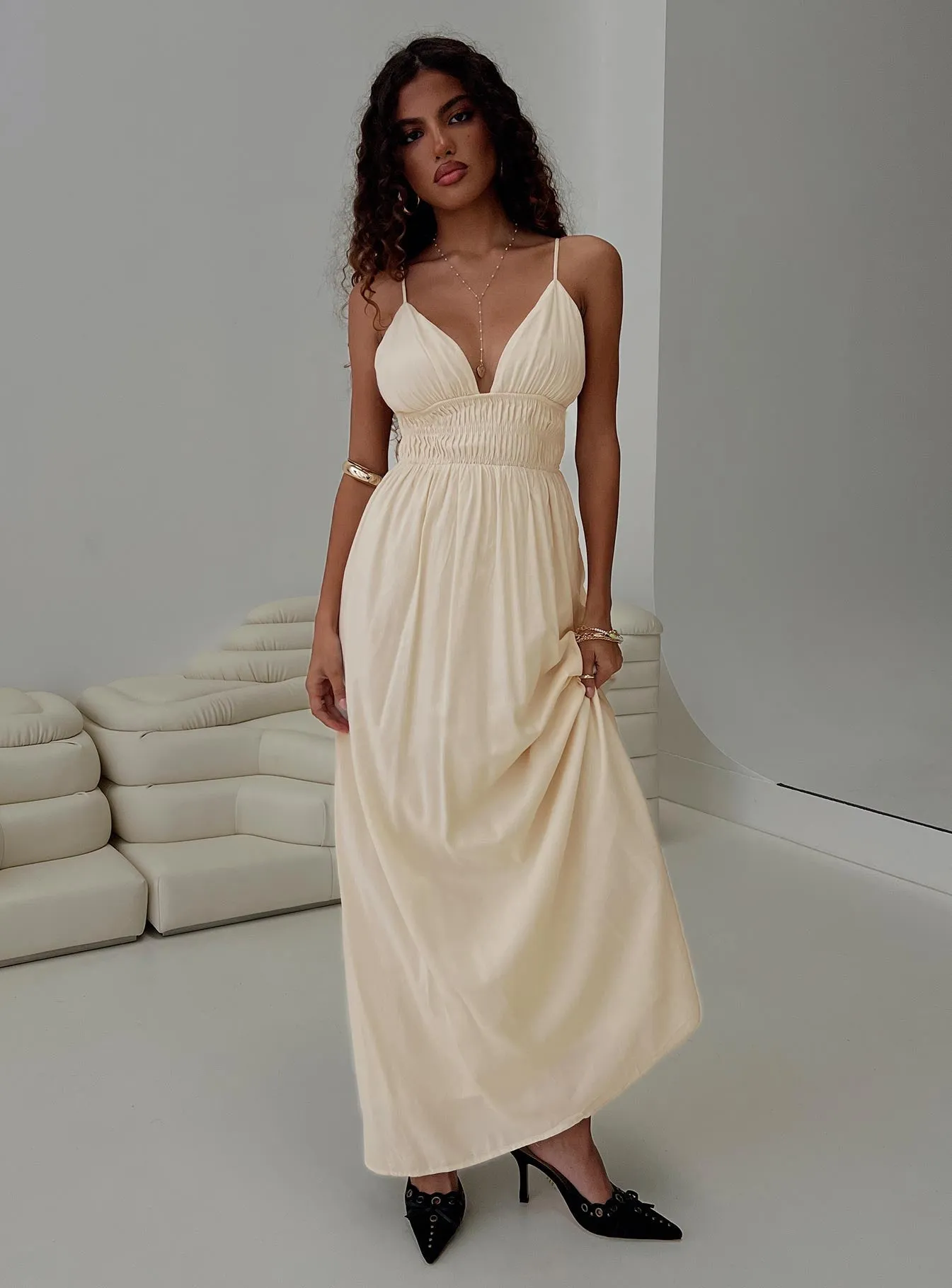 Collar Accent Luxe Fabric Maysen Maxi Dress Cream