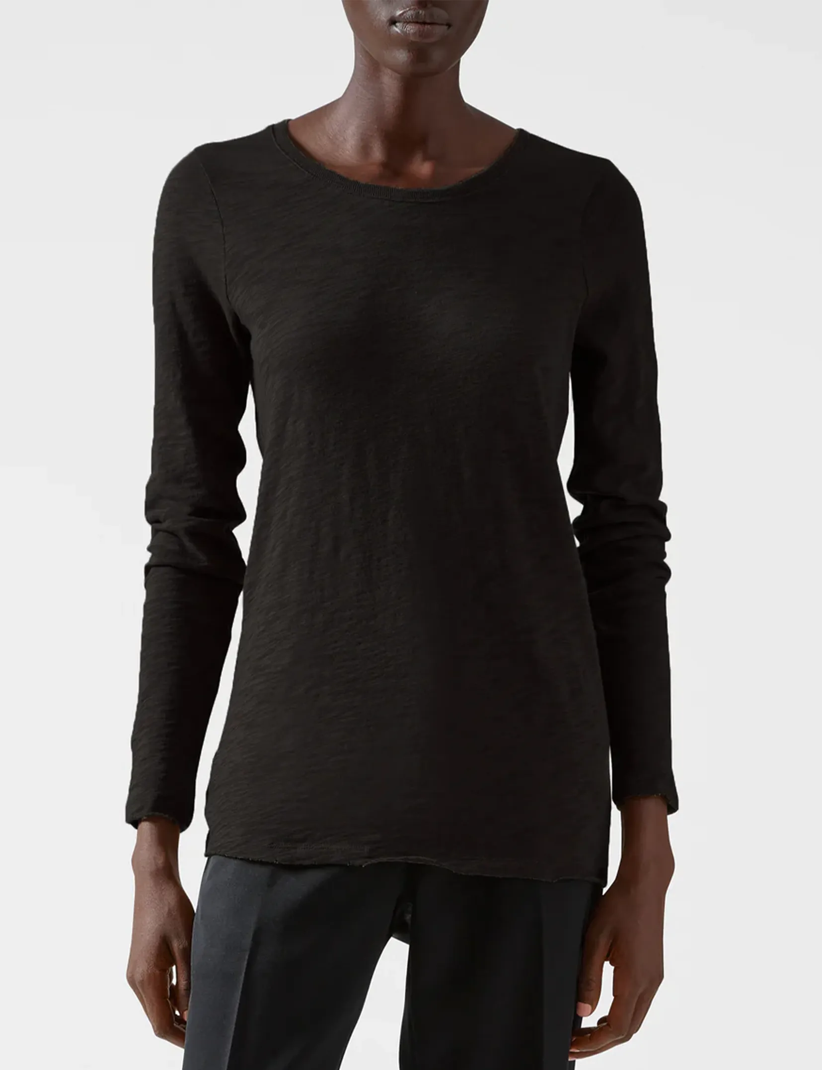 Slub Jersey Long Sleeve Destroyed Wash Crew, Black Breathable Look Stretch Comfort