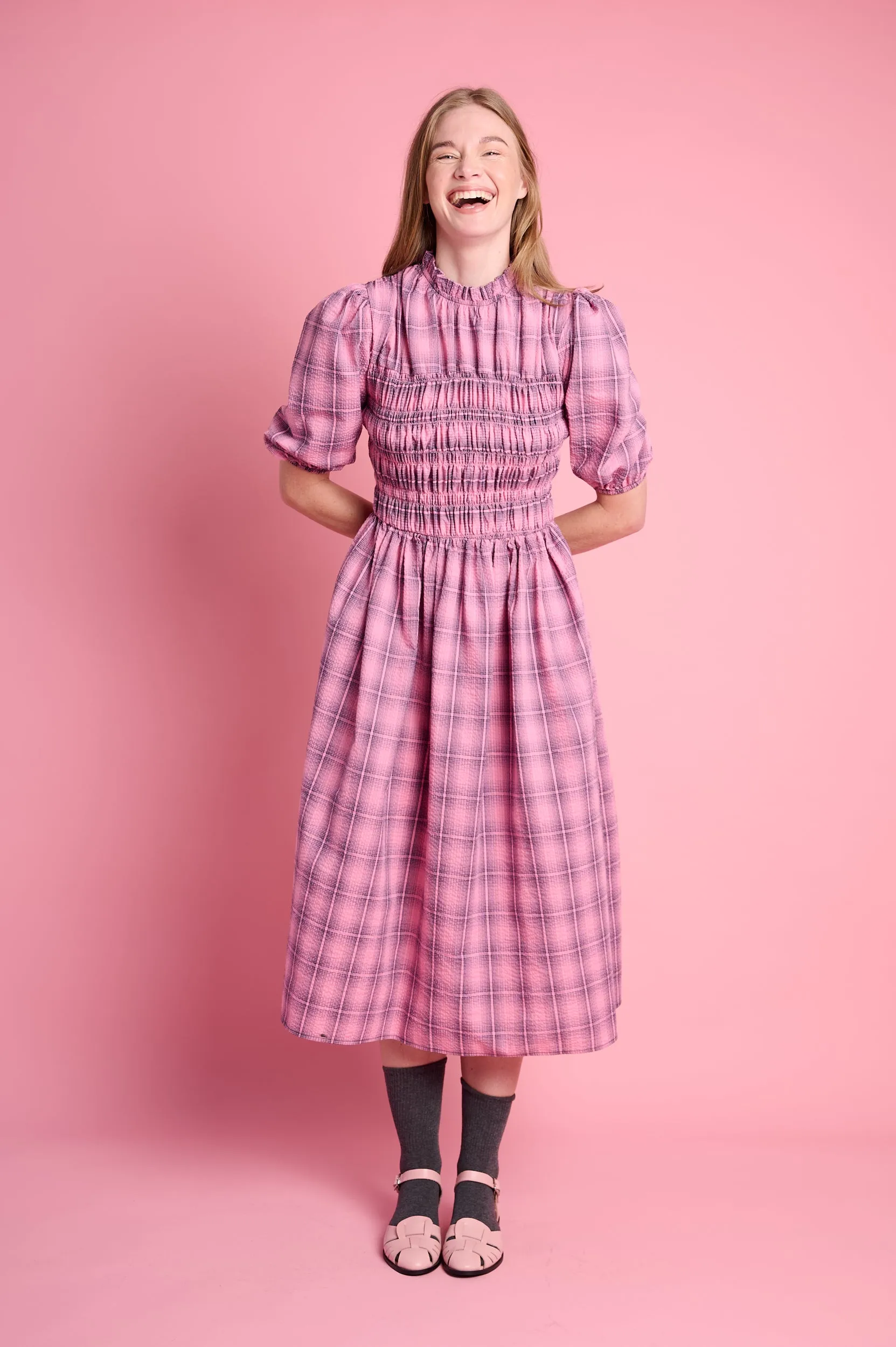 Shirring Cotton Dress in Pink Check Ethically-Made budget-friendly
