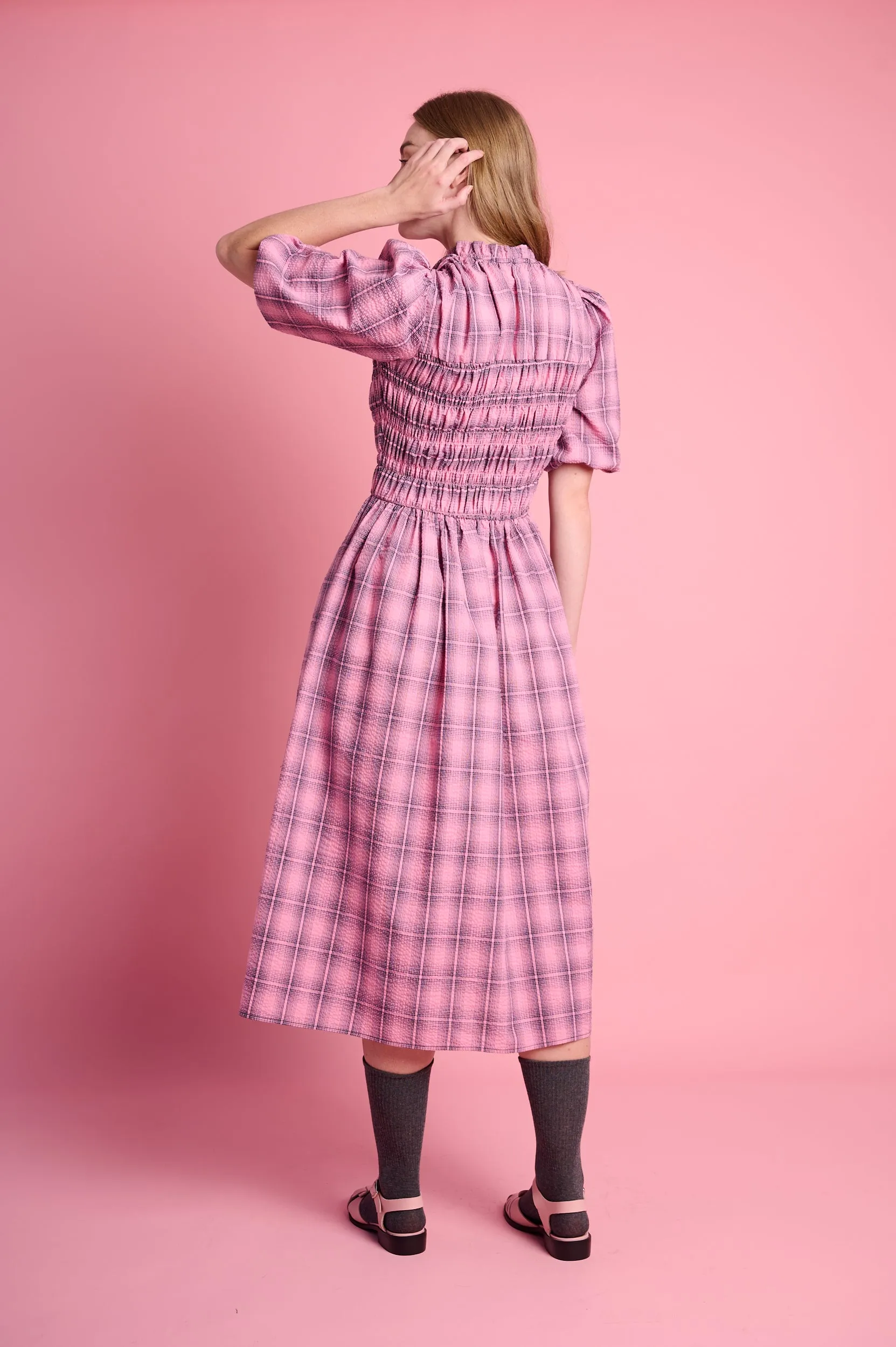 Shirring Cotton Dress in Pink Check Sophisticated Tailoring Light Appeal