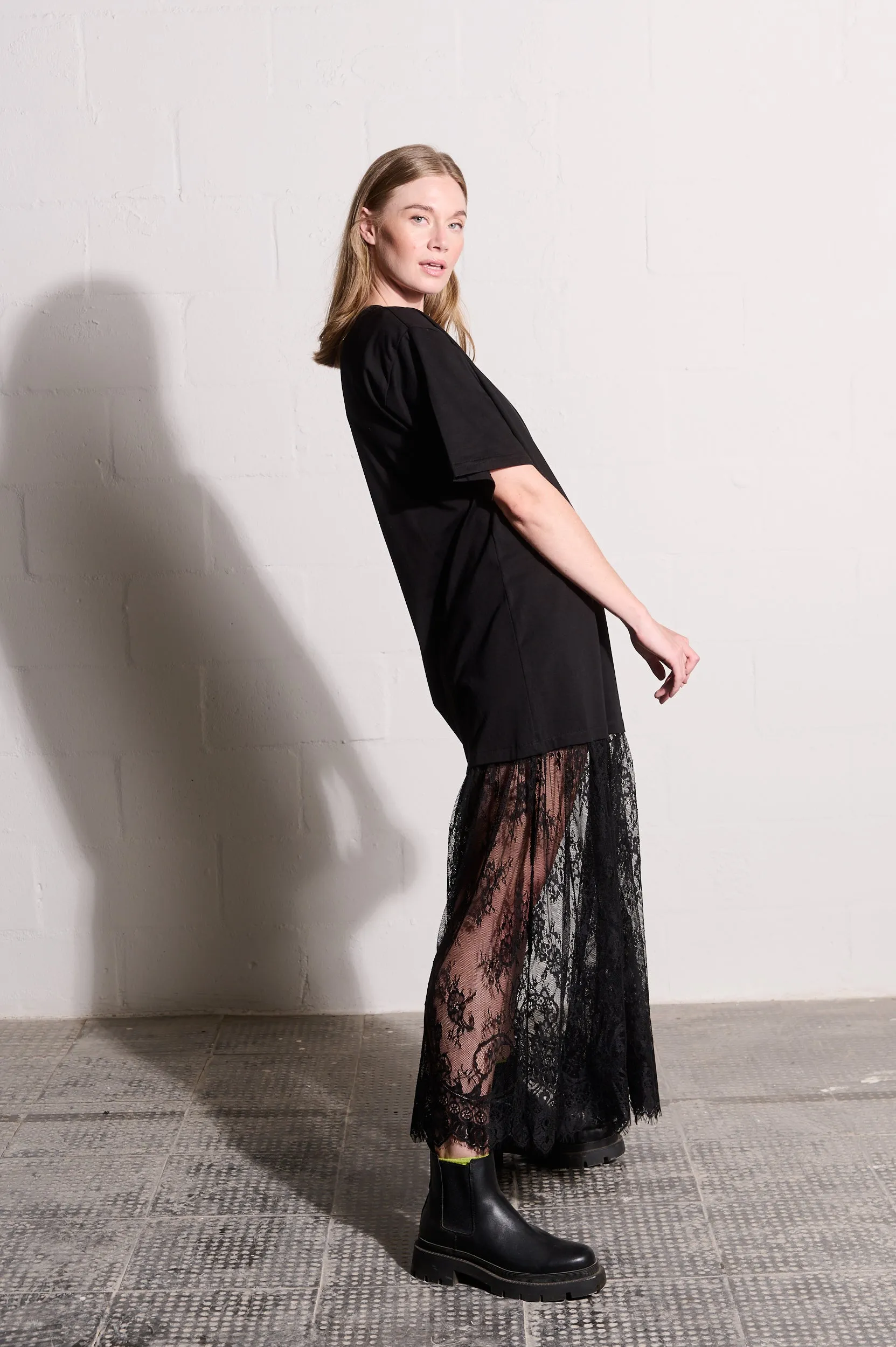 Light Rhythm Shade Glow Combo T-Shirt Dress with Lace Skirt