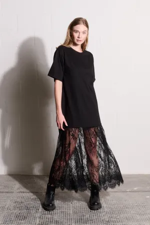 Lightweight Material Combo T-Shirt Dress with Lace Skirt