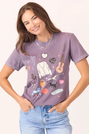 StretchComfortWeave Layered Sleeve Construction Eras Multi Icons Purple Graphic Tee