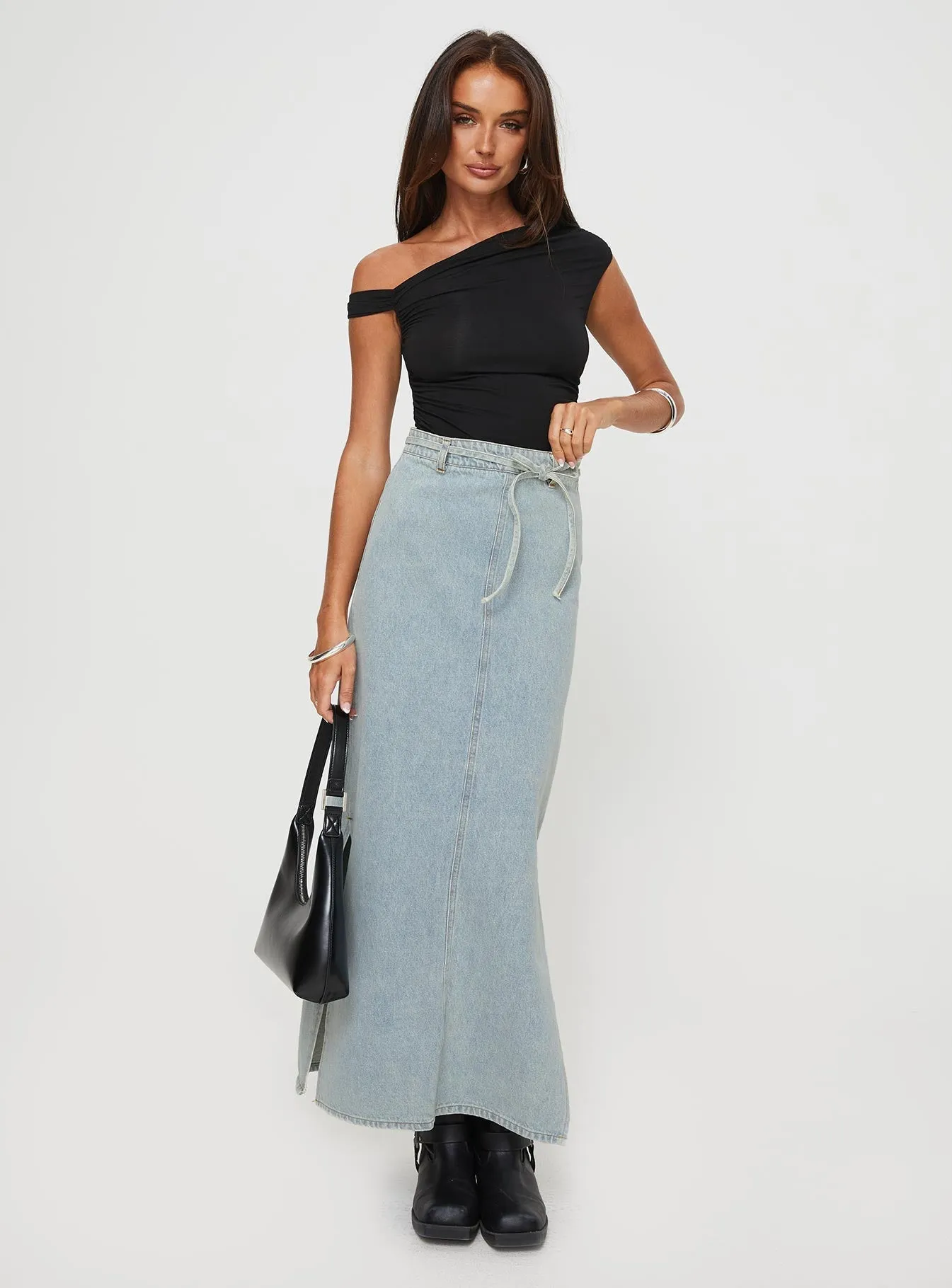 Brandee Tie Front Denim Maxi Skirt Light Wash Asymmetrical Cut